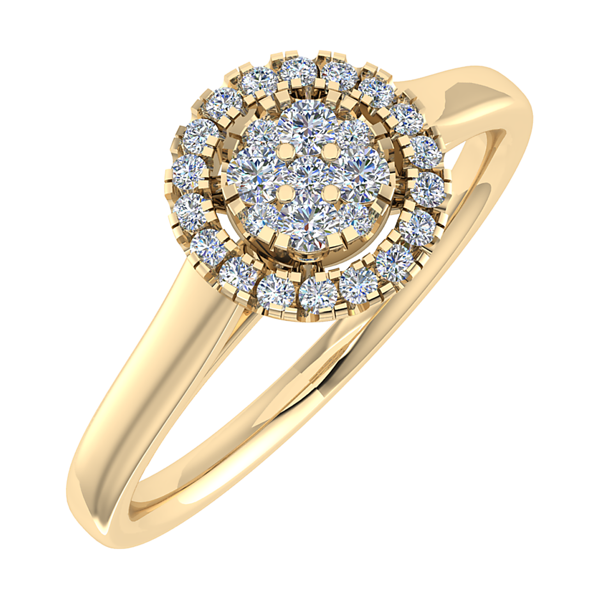 Deze schitterende 18 karaat halo solitaire diamanten ring (modelnummer VRF1002) beschikt over een briljante diamant van 0,16 karaat, zuiverheid SI1 en fijn witte kleur (G). Met een ringmaat van 52, gouden glans en een fris design is het perfect als verlovings- of jubileumring. Draag deze elegante nieuwstaat ring voor elke speciale gelegenheid.