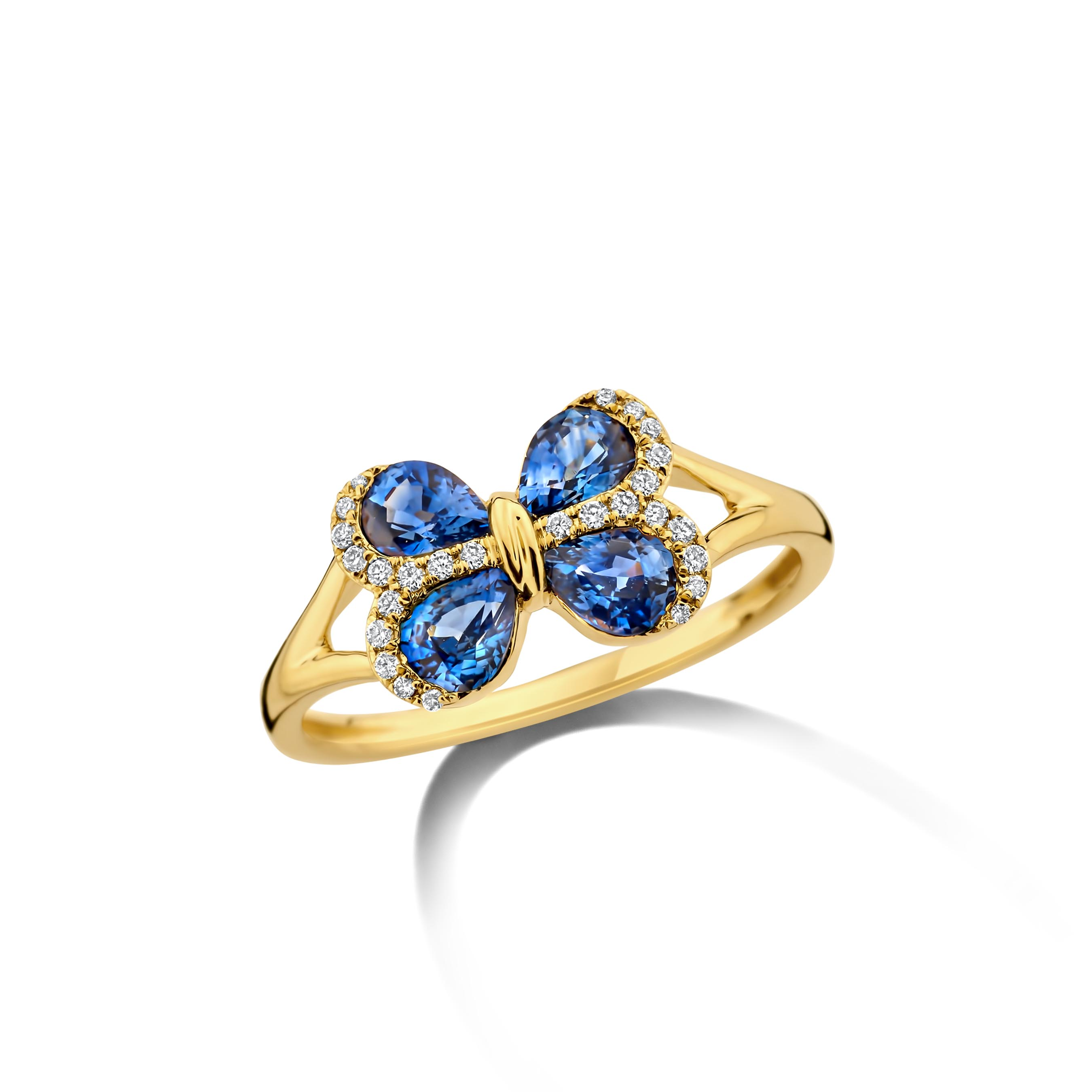 Prachtige geel gouden 18 karaat ring van de collectie Dulci Nea met natuurlijke briljant 0.09ct en saffier 1ct