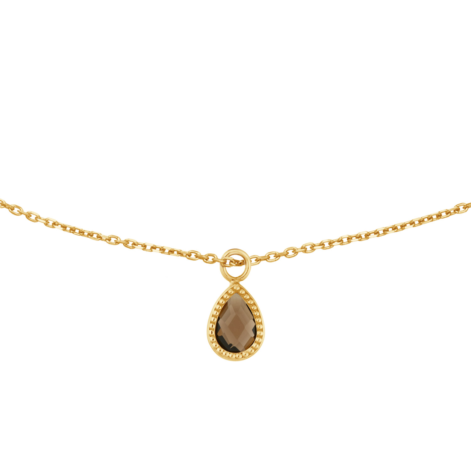 Een klassieke hanger met een echte Rookkwarts edelsteen aan een 14 karaat gouden ketting. Rookkwarts is een bruine tot zwarte vari&euml;teit van de kwarts en staat  bekend om zijn aardende en beschermende eigenschappen.

"Memories from Amsterdam. 
De stad waar de grachten fluisteren, kunst ademt en verhalen overal voelbaar zijn. Voor deze fall/winter collectie liet ik me inspireren door het Amsterdam van toen en nu. Een ode aan 750 jaar stadsglorie &eacute;n 5 jaar Jackie. Elk sieraad, van de verfijnde Vermeer ketting tot de statement Canal Ring vertelt een verhaal. Handgemaakt van gerecycled 14 karaat goud, met echte edelstenen en zoetwaterparels. "

- 14 Karaat Goud
- Ketting 45m