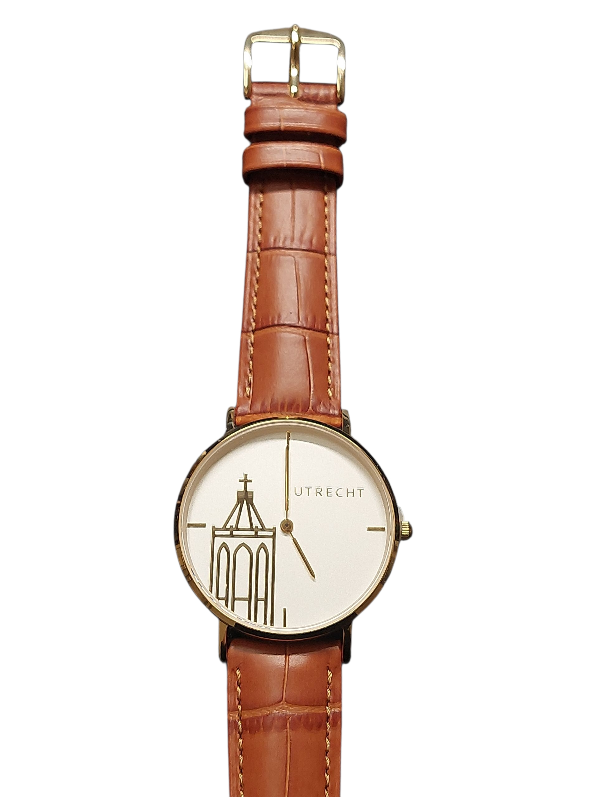 Elegant polshorloge voor dames en heren met een goudkleurig metalen kast en saffier glas . Abstracte afbeelding van de Utrechtse Domtoren op wijzerblad.
