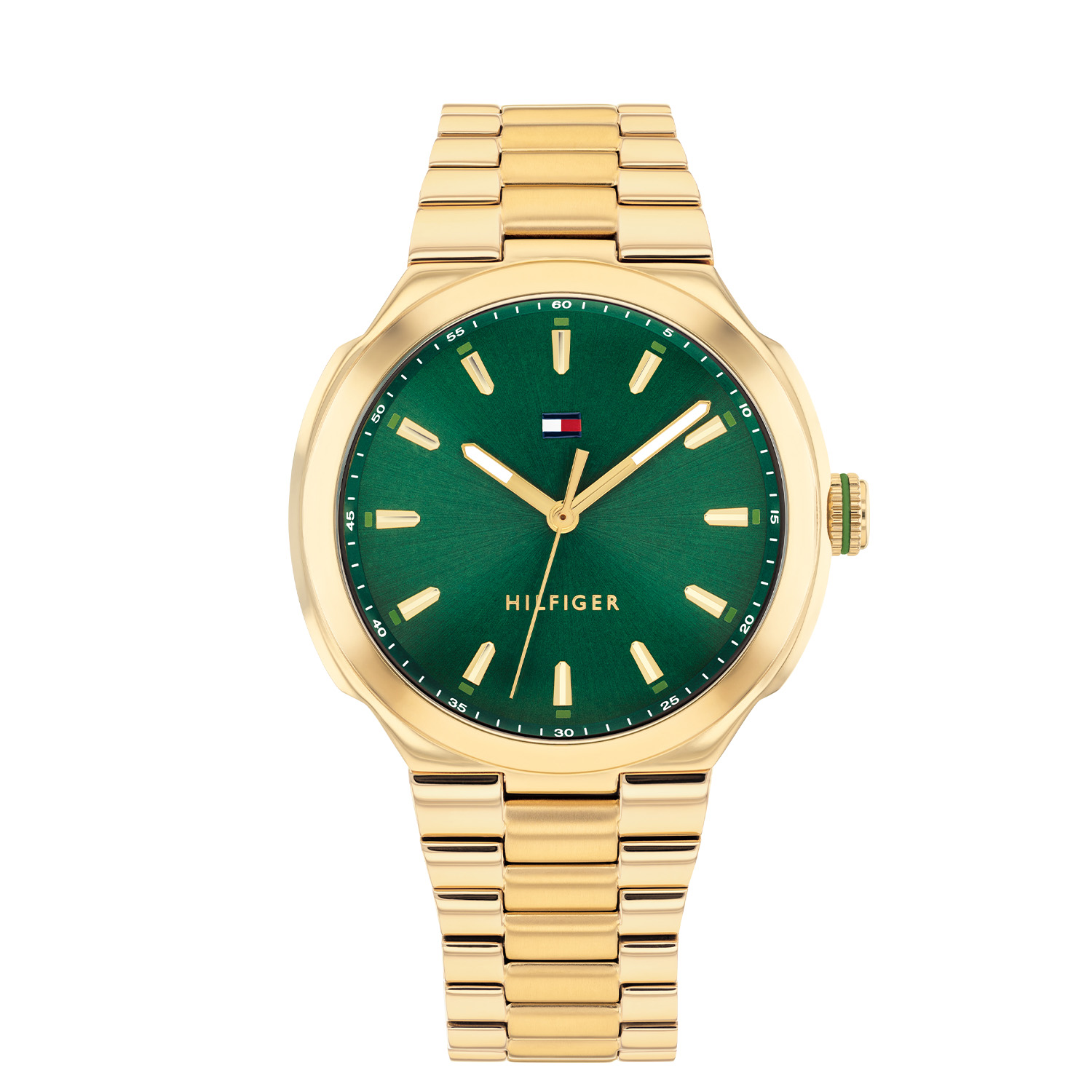 Dit Tommy Hilfiger horloge, uit de Georgia collectie, heeft een vergulde stalen band en kast. De wijzerplaat is groen met goudkleurige indexen en wijzers.