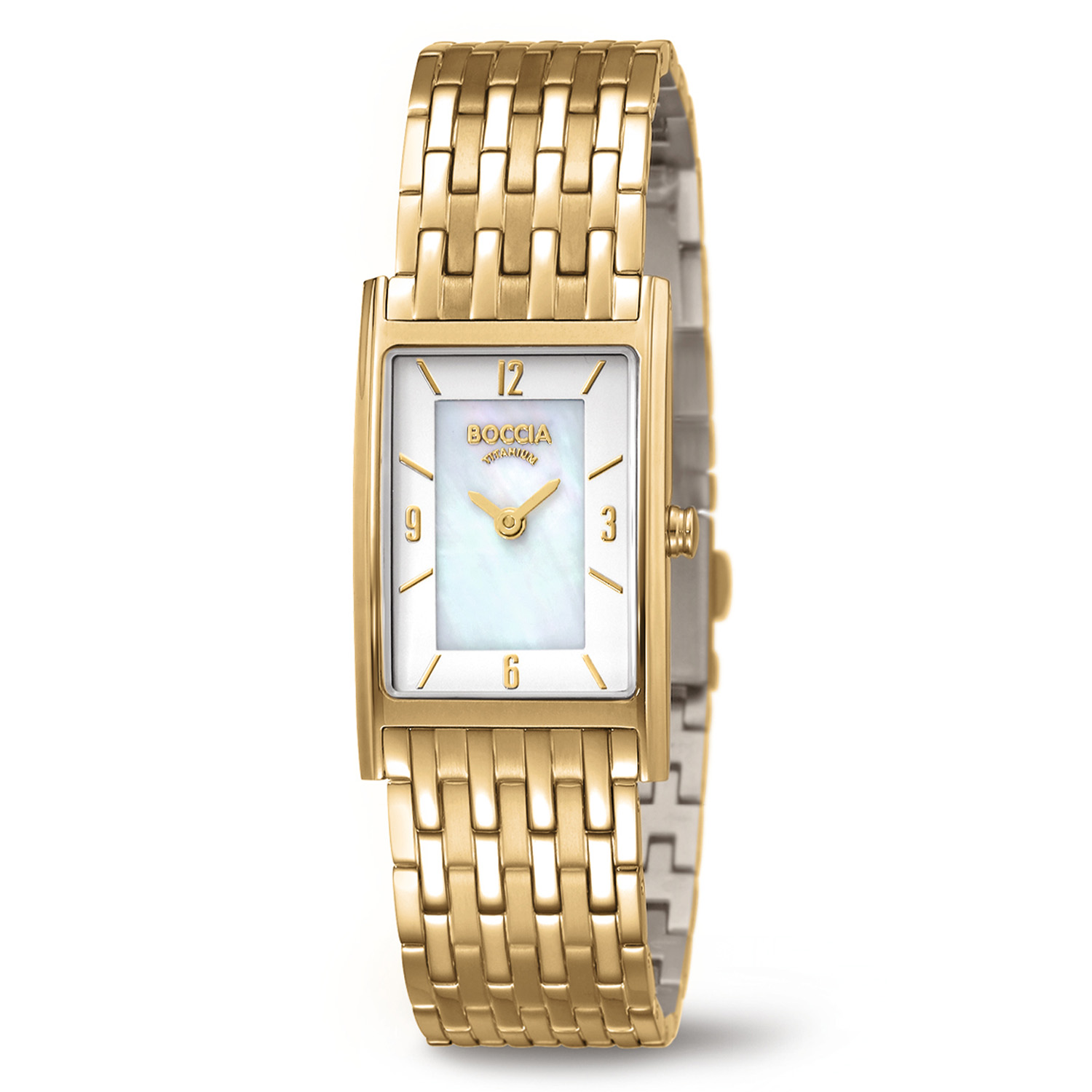 Boccie horloge met een vergulde titanium band en kast. De wijzerplaat is parelmoer met goudkleurige indexen en wijzers