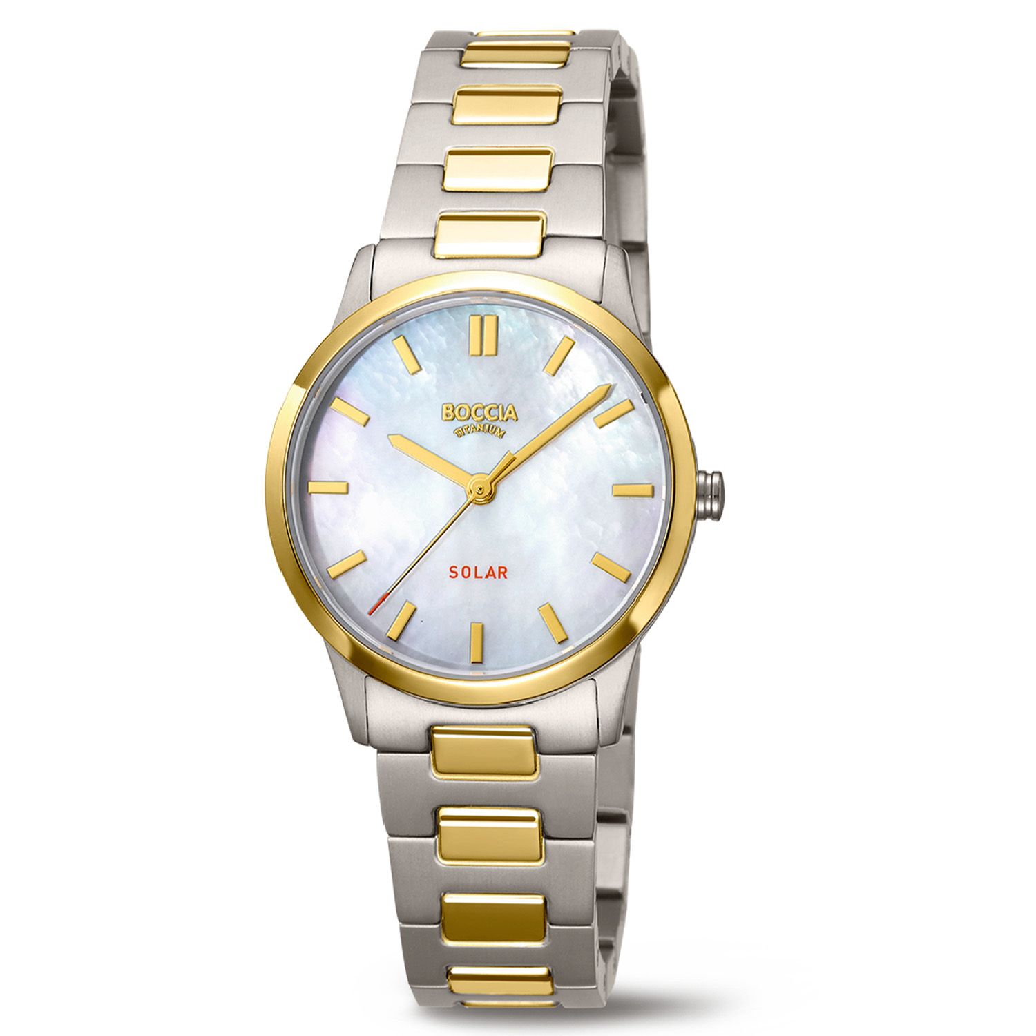 Boccia Titanium 3363-04 Dames Horloge Solar 30mm
Dit dameshorloge van Boccia heeft een sportieve en chique uitstraling. De 3363-04 heeft een ronde titanium horlogekast met een glanzende goudkleurige bezel en een parelmoer wijzerplaat. Wat dit model uitzonderlijk maakt is dat het een solar uurwerk heeft, dus het uurwerk wordt aangedreven door zonlicht dat via de wijzerplaat wordt opgenomen. Aan de titanium kast zit een mat glanzende bicolor titanium schakelband met een vouwsluiting. Het horloge heeft een mineraalglas, een doorsnee van 30mm en is 5ATM. Of je nu sportief of chique gekleed gaat, dit horloge past bij elke outfit en iedere gelegenheid!

HET MERK
Boccia Titanium is het titanium merk van Nederland, dat zijn oorsprong in Duitsland vindt en is opgericht in het jaar 1992. Ontwikkeld door internationale ontwerpers. Alle titanium componenten van de BOCCIA TITANIUM collectie zijn gemaakt van 99,7% puur titanium; het bijzondere materiaal. Het is licht in gewicht, neemt de temperatuur van de huid aan en is zeer huidvriendelijk. Bovendien is het corrosie- en temperatuurbestendig.

SPECIFICATIES
- Mineraalglas
- Solar uurwerk
- Ronde titanium horlogekast
- Bicolor titanium schakelband
- Parelmoer wijzerplaat 
- &Oslash; 30mm
- 5ATM