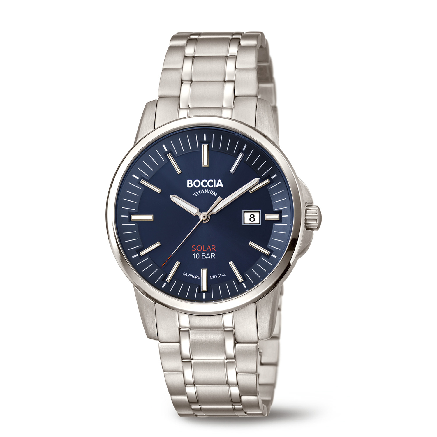 Boccia Titanium 3643-05 Heren Horloge Solar 40mm
Dit herenhorloge van Boccia heeft een sportieve en chique uitstraling. De 3643-05 heeft een ronde titanium horlogekast met een glanzende bezel en een blauwe wijzerplaat met een datum. De kroon zit veilig beschermd in de kast. Wat dit model uitzonderlijk maakt is dat het een solar uurwerk heeft, dus het uurwerk wordt aangedreven door zonlicht dat via de wijzerplaat wordt opgenomen. Aan de titanium kast zit een mat glanzende titanium schakelband met een vouwsluiting. Het horloge heeft een saffierglas, een doorsnee van 40mm en is 10ATM. Of je nu sportief of chique gekleed gaat, dit horloge past bij elke outfit en iedere gelegenheid!

HET MERK
Boccia Titanium is het titanium merk van Nederland, dat zijn oorsprong in Duitsland vindt en is opgericht in het jaar 1992. Ontwikkeld door internationale ontwerpers. Alle titanium componenten van de BOCCIA TITANIUM collectie zijn gemaakt van 99,7% puur titanium; het bijzondere materiaal. Het is licht in gewicht, neemt de temperatuur van de huid aan en is zeer huidvriendelijk. Bovendien is het corrosie- en temperatuurbestendig.

SPECIFICATIES
- Saffierglas
- Solar uurwerk
- Ronde titanium horlogekast
- Titanium schakelband
- Blauwe wijzerplaat 
- &Oslash; 40mm
- 10ATM