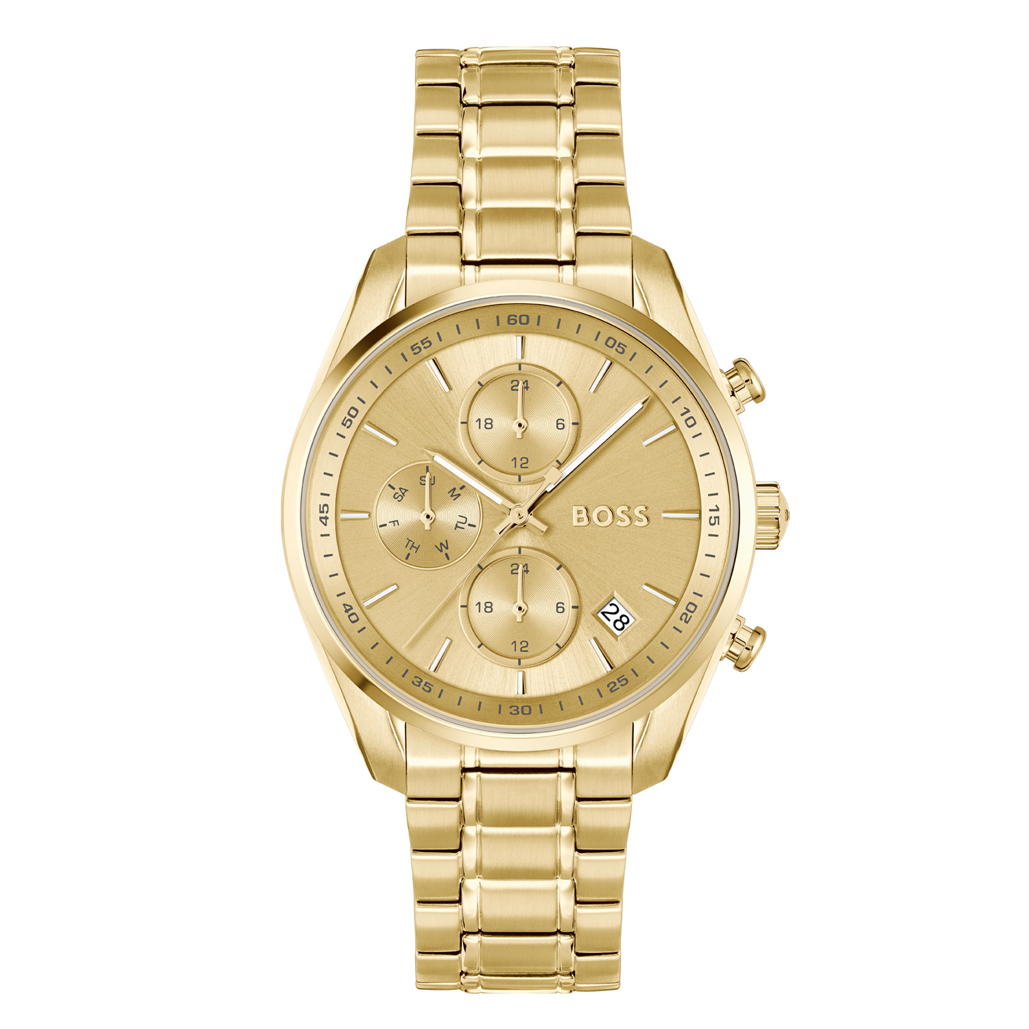 BOSS HB1502768 GRAND TOUR LADIES Dameshorloge 38mm 
Dit BOSS horloge uit de GRAND TOUR LADIES serie met artikelnr: HB1502768 heeft een luxe sportieve uitstraling. Zeer geschikt voor de moderne stijlvolle vrouw van nu. Het dameshorloge valt op door zijn stalen goudkleurige horlogekast met een gladde goudkleurige bezel en een goudkleurige sunray wijzerplaat met een dag, datum en 24-uursaanduiding. Opvallend zijn de fijne wijzers. Aan de kast zit een stalen mat glanzende goudkleurige schakelband met een vouwsluiting. Het horloge heeft een doorsnee van 38mm met een mineraalglas en is 3ATM. 

HET MERK:
HUGO BOSS is afgestemd op levensstijlen waar het gaat om kwaliteit en precisie. Het wereldwijde fashionlabel is verdeeld in twee merken: BOSS en HUGO. Het merk BOSS biedt geavanceerde, moderne horloges gericht op kwaliteit en design om een onberispelijke look te creëren – of het nu zakelijk, casual of sportief is. De horloge collectie van BOSS is perfect afgestemd op levensstijlen waar het gaat om kwaliteit en precisie. BOSS is op maat gemaakt in een onberispelijke stijl.

Blijf stijlvol bij de tijd. Voor de BOSS-vrouw is stijl het handelsmerk en draait alles om
details. Breng uw look naar een hoger niveau met onze nieuwe en kenmerkende horlogecollectie.

SPECIFICATIES:
- Mineraalglas
- Ronde kastvorm, Ø 38mm
- Stalen horlogekast
- Goudkleurige wijzerplaat
- Stalen schakelband
- 3ATM