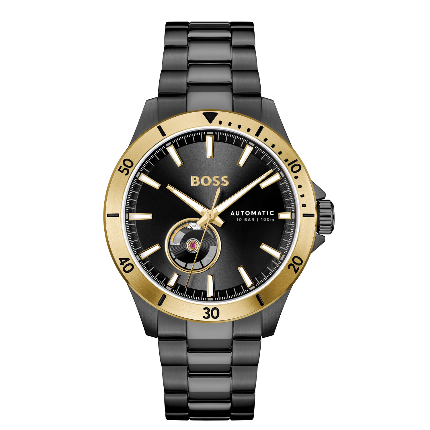 BOSS HB1514203 TROPER AUTOMATIC Herenhorloge 42mm 
Dit BOSS horloge uit de TROPER AUTOMATIC serie met artikelnr: HB1514203 heeft een luxe sportieve uitstraling. Zeer geschikt voor de moderne stijlvolle man van nu. Het herenhorloge valt op door zijn zwarte stalen kast met een goudkleurige bezel met tachymeter en een zwarte sunray wijzerplaat met een open uitsparing waarin je het uurwerk ziet bewegen evenals de onderkant van het horloge. Opvallend zijn de wijzers die met lumibrite zijn ingelegd. Aan de kast zit een zwarte stalen mat glanzende schakelband met vouwsluiting. Het horloge heeft een doorsnee van 42mm met een mineraalglas en is 10ATM. 

HET MERK:
HUGO BOSS is afgestemd op levensstijlen waar het gaat om kwaliteit en precisie. Het wereldwijde fashionlabel is verdeeld in twee merken: BOSS en HUGO. Het merk BOSS biedt geavanceerde, moderne horloges gericht op kwaliteit en design om een onberispelijke look te cre&euml;ren &ndash; of het nu zakelijk, casual of sportief is. De horloge collectie van BOSS is perfect afgestemd op levensstijlen waar het gaat om kwaliteit en precisie. BOSS is op maat gemaakt in een onberispelijke stijl.

Blijf stijlvol bij de tijd. Voor de BOSS-vrouw is stijl het handelsmerk en draait alles om
details. Breng uw look naar een hoger niveau met onze nieuwe en kenmerkende horlogecollectie.

SPECIFICATIES:
- Mineraalglas
- Ronde kastvorm, &Oslash; 42mm
- Stalen zwarte horlogekast
- Zwarte wijzerplaat
- Stalen zwarte schakelband
- 10ATM