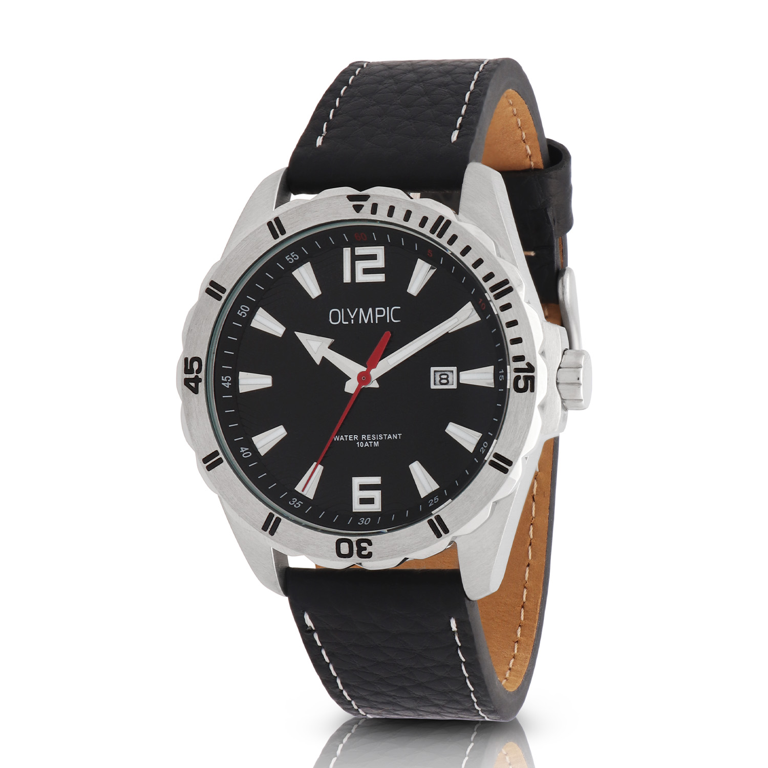 Olympic OL72HSL081 Pieter Horloge Heren Leer 43mm 
Dit unieke Olympic horloge met artikelnummer: OL72HSL081 is een heren horloge met een stoere uitstraling. De stalen kast heeft een bewerkte bezel en een zwarte wijzerplaat met een datum. De uursaanduiding is opvallend door de lumibrite strepen en wijzers en de rode secondewijzer. Dit geeft het horloge een sportief uiterlijk. Aan de stalen kast zit een zwarte leren band met een gespsluiting. Het horloge heeft een mineraalglas, een doorsnee van 43mm en is 10ATM.

Waterdichtheid 10ATM
Dit horloge is bestand tegen water bij het zwemmen en douchen. Dit horloge is niet bestand tegen (grote) waterdruk dus je kunt er niet mee duiken.

Het merk:
Het Nederlandse horlogemerk Olympic levert stoere chronografen, slimline series, digitale uurwerken en elegante dameshorloges. De prijs-kwaliteitverhouding staat bij Olympic hoog in het vaandel met prijzen die uiteenlopen van € 34,95 tot en met € 159,00.

100% Nederlands ontwerp, waterdicht en standaard 3 jaar fabrieksgarantie.

Specificaties:
- Ronde kast Ø 43mm
- Stalen horlogekast
- Zwarte wijzerplaat
- Zwarte leren band
- 10ATM 
- Standaard 3 jaar fabrieksgarantie
- Mineraalglas