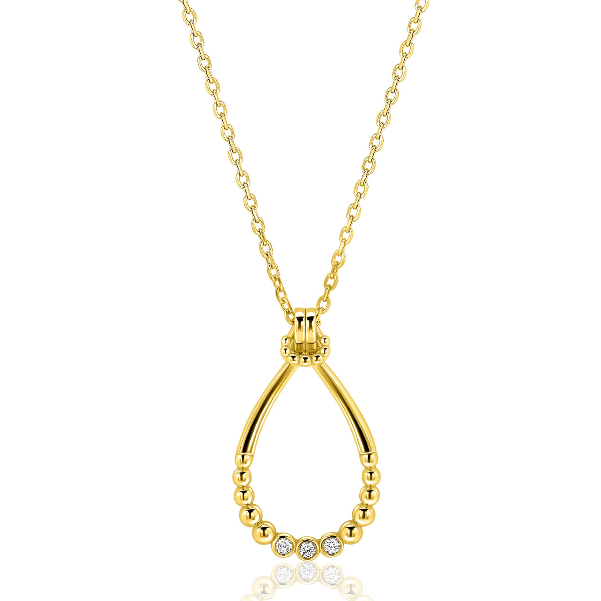 ZINZI goldplated zilveren ketting 45cm met open druppelvormige hanger (31mm), speels bezet met bolletjes en drie witte zirkonia’s. De lengte van de ketting is verstelbaar van 42cm tot 45cm. Vervaardigd van eerste gehalte zilver (925) en extra geel verguld.