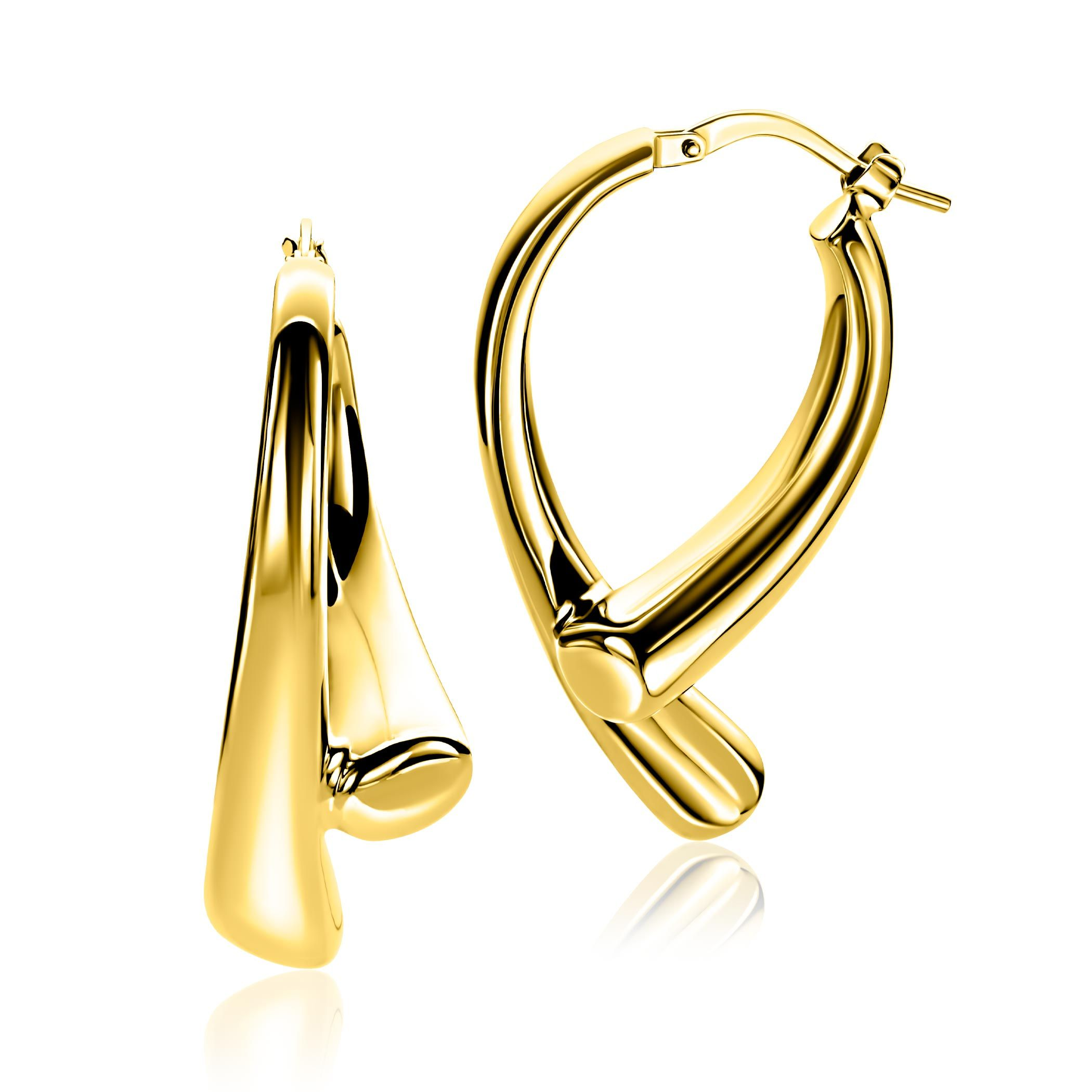 ZINZI goldplated zilveren grote oorringen (35mm) in organische druppelvorm met vloeiende lijnen en handige bovensluiting. Vervaardigd van eerste gehalte zilver (925) en extra geel verguld.
