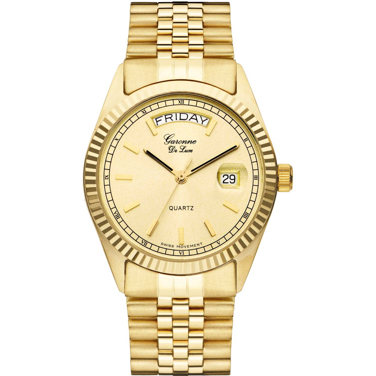 De Garonne met model nummer GQ85Q535 horloge combineert elegantie en functionaliteit. Met een goudkleurige ronde kast van 14 karaat goud en een 14 karaat geel gouden band, straalt het luxe uit. Het mineralen glas beschermt een gouden wijzerplaat met enn dag datumaanduiding. Perfect voor elke gelegenheid, kan dit horloge dagelijks gedragen worden voor een stijlvolle look. Ideaal voor zowel formele als casual outfits.