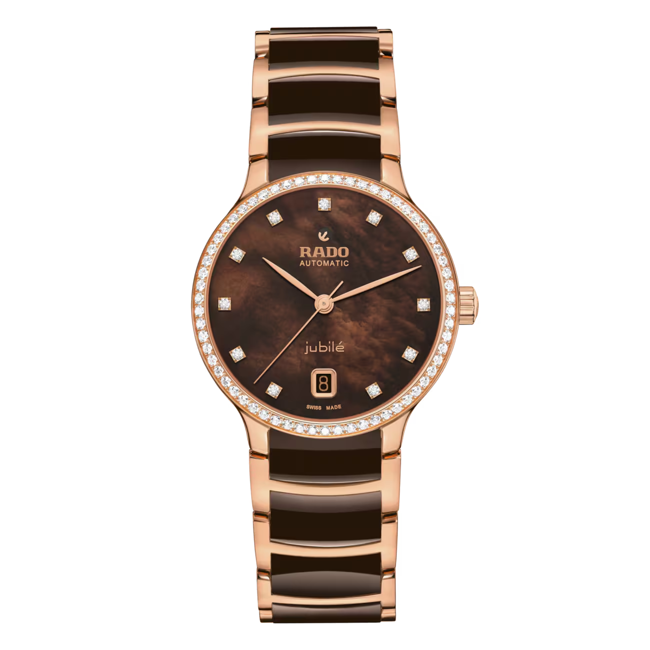 Rado Centrix Automatic Diamonds R30230922 — een luxueus en elegant horloge met een 35 mm roségouden stalen kast, automatic uurwerk, 60 diamanten 0.792ct op de lunette en diamant-indexen op een parelmoeren wijzerplaat — een stijlvolle mix van precisie, elegantie en verfijnd design.