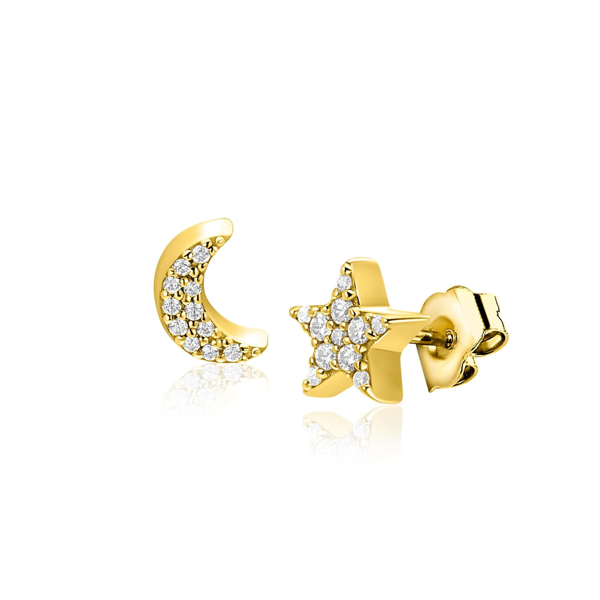 ZINZI goldplated zilveren oorknopjes (7mm) in ster- en maansymbool, bezet met fonkelende witte zirkonia’s. Combineer ze als asymmetrisch paar. Geïnspireerd op de nachtelijke hemel. Vervaardigd van eerste gehalte zilver (925) en extra geel verguld.