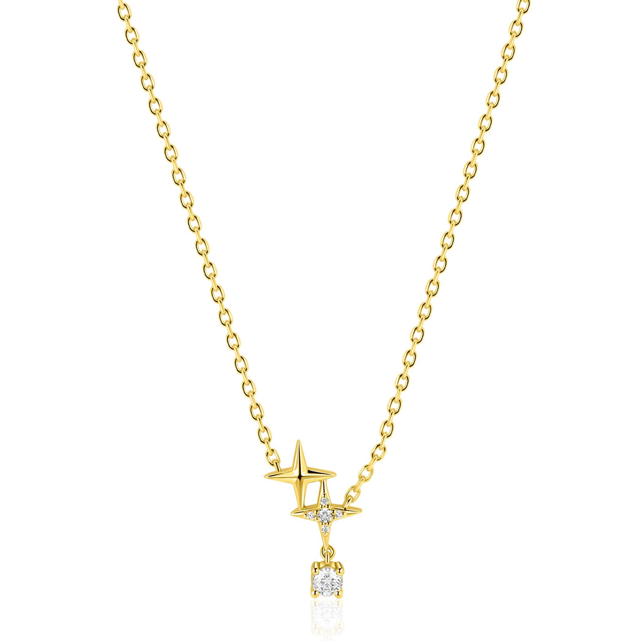 ZINZI goldplated zilveren ketting 45cm met twee speelse sterren en subtiel bungelende witte zirkonia. De lengte van de ketting is verstelbaar van 42cm tot 45cm. Vervaardigd van eerste gehalte zilver (925) en extra geel verguld.