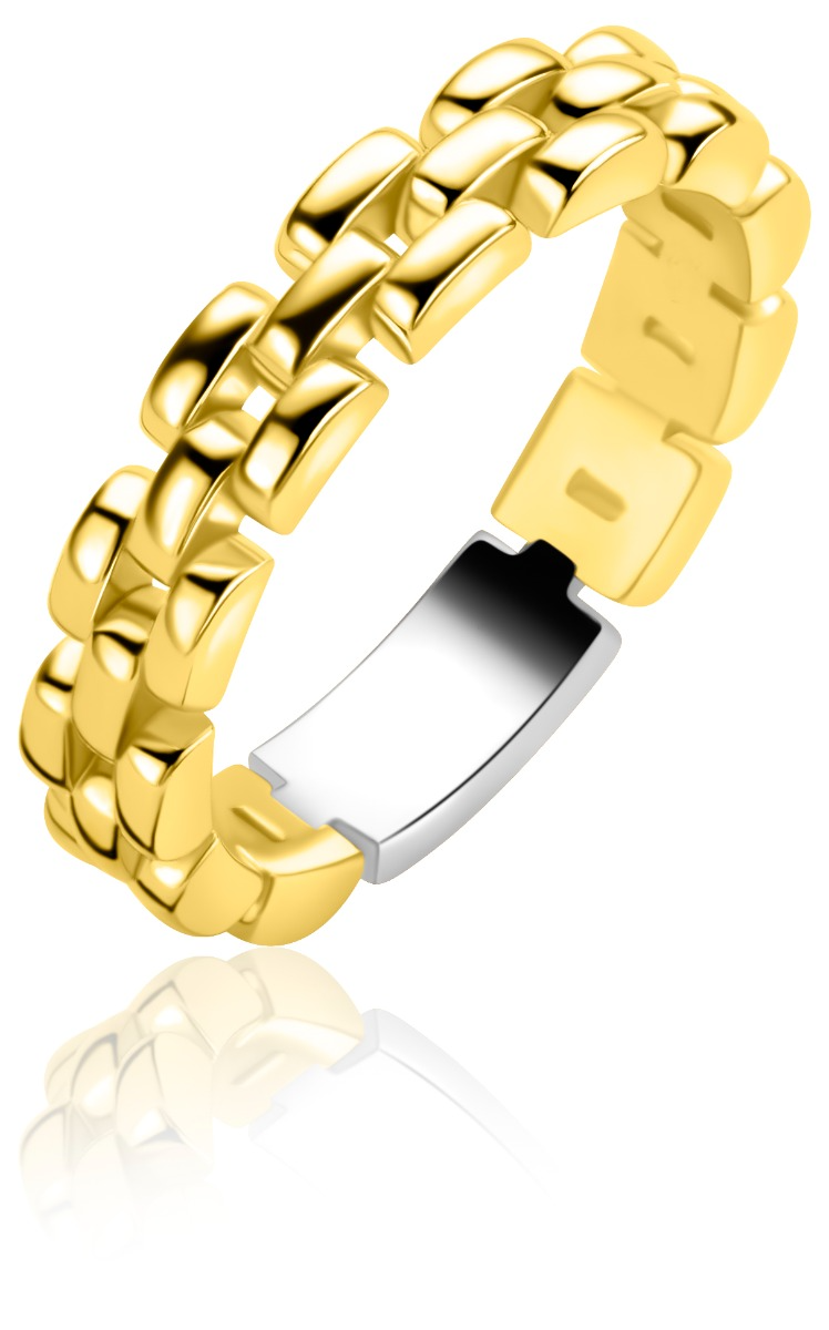 Zinzi goldplated zilveren ring (4mm breed) met glanzende rolex-style schakels. Vervaardigd van eerste gehalte zilver (925) en extra geel verguld.