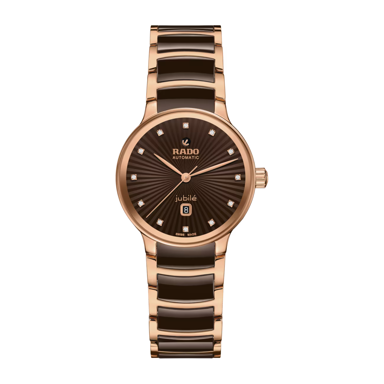 De Rado Centrix R30019732 is een elegante dameshorloge met een Zwitserse automatische uurwerk. Kenmerken: roestvrij, keramische kast en band, saffierglas, waterdicht 5 bar, echte diamantmarkeringen, datumfunctie. Perfect voor formele gelegenheden, voegt een vleugje klasse toe met zijn bruine wijzerplaat en ros&eacute;goudkleur. Draag het met zakelijke of avondkledij voor een verfijnde uitstraling.