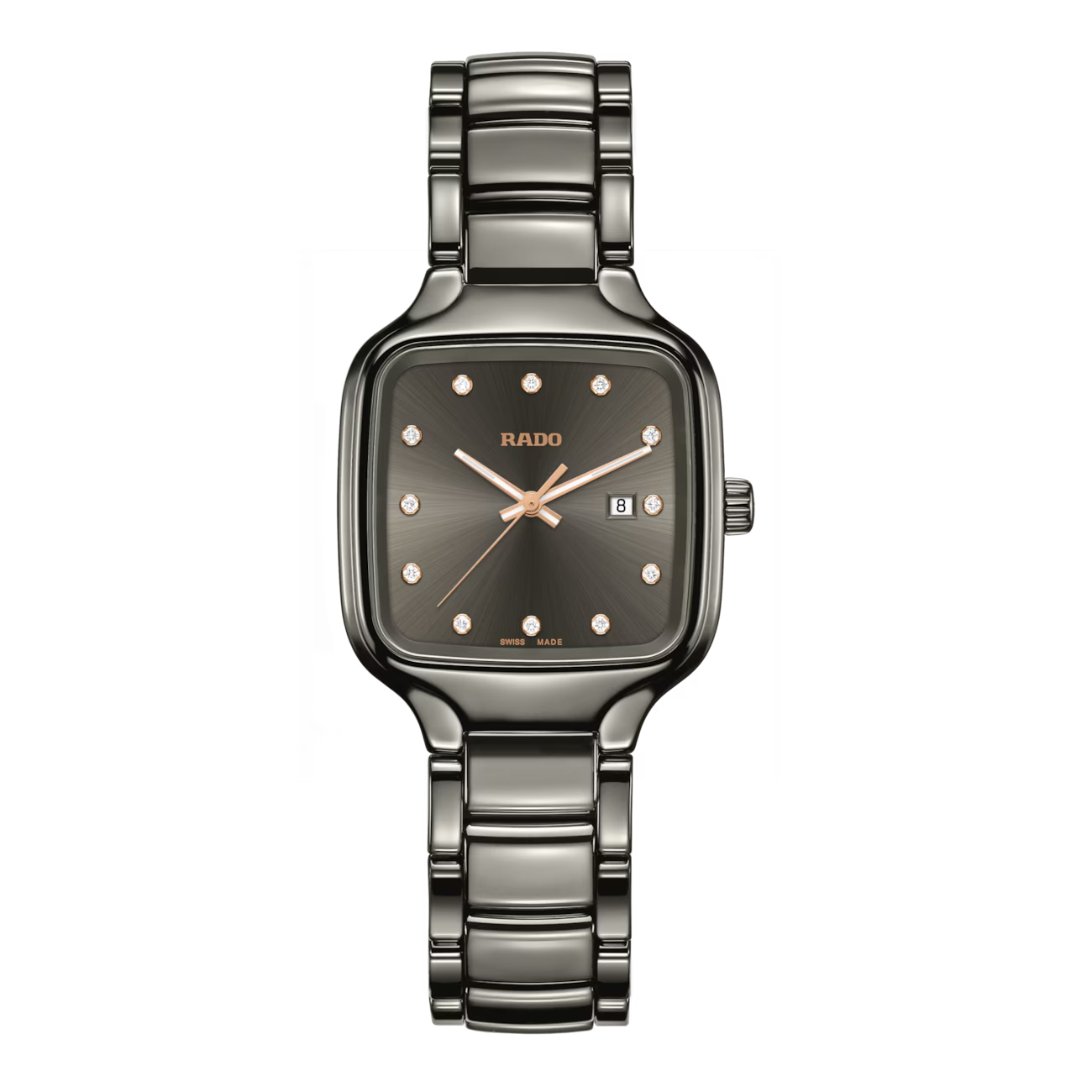 De Rado True Square R27079702 is een Zwitsers horloge met analoge kwartsbeweging. Het heeft een grijze wijzerplaat met echte diamanten indexen en een keramische band en kast in zilverkleur, bedekt met saffierglas. Het is antiallergisch, nikkelvrij en waterdicht (5 ATM). Draag elegant om de pols voor een verfijnde uitstraling. Gewicht: 65g.