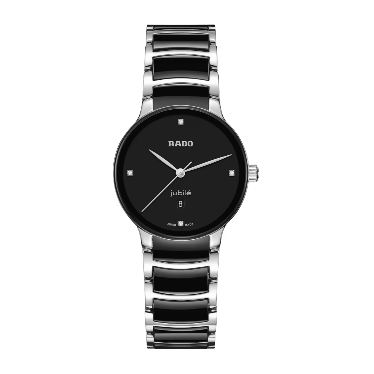 De Rado Centrix Diamonds R30026712 is een verfijnd horloge met Zwitserse quartz uurwerk, een ronde keramische kast van 30,5 mm en krasbestendig saffierglas. De zwarte wijzerplaat heeft echte diamanten uurmarkeringen. Met een zwartgekleurde keramische schakelband en een waterbestendigheid tot 5 ATM, is dit elegante horloge perfect voor zowel formele als dagelijkse gelegenheden. Draag het stijlvol om uw pols.