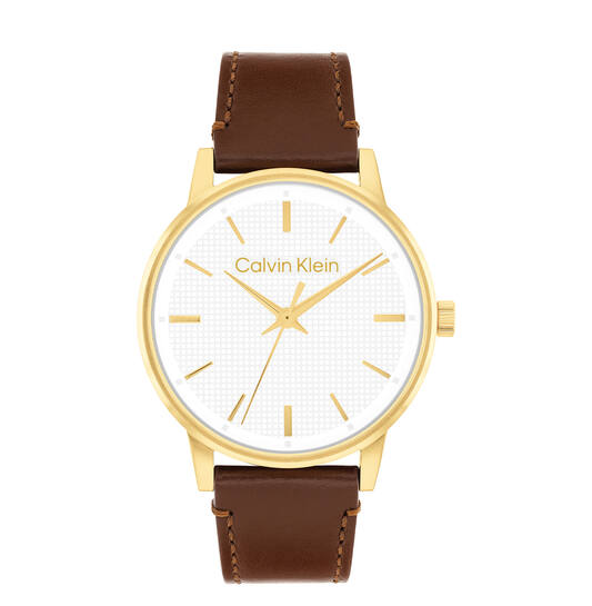 Dit Calvin Klein horloge behoort tot de Linked collectie
Referentienummer: CK25200503 

Dit Calvin Klein horloge heeft een net uiterlijk. Het stalen horloge heeft een ronde goudkleurig kast met een gladde bezel en een bewerkte witte wijzerplaat met fijne wijzers en uurstrepen. Aan de kast zit een bruine lerenband met een gespsluiting. Het herenhorloge heeft een mineraalglas, een doorsnee van 41mm en is 3ATM.
