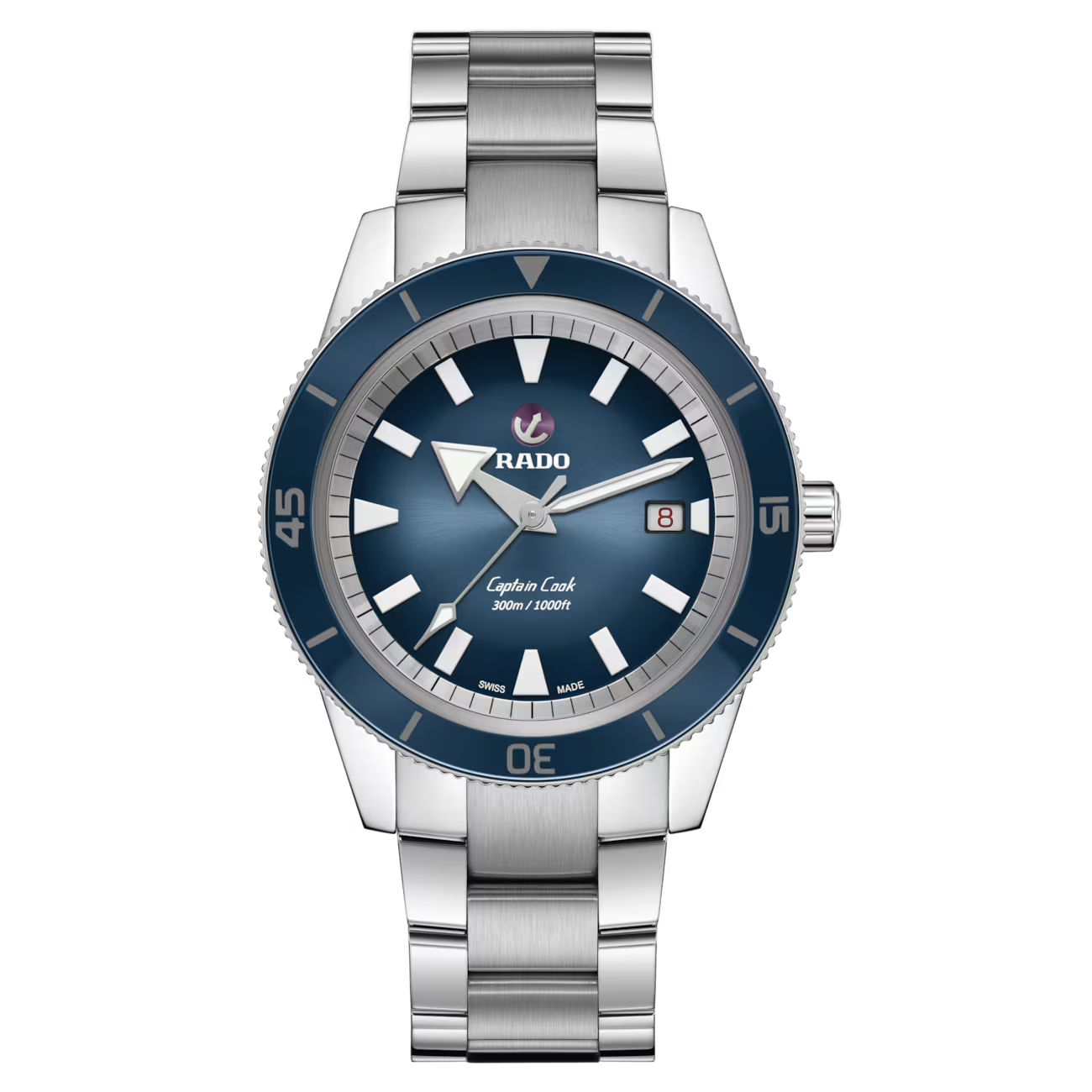 De Rado Captain Cook Automatic XL, met modelnummer R32105203, is een stijlvolle polshorloge in zilverkleurig roestvrij staal met een blauwe wijzerplaat. Kenmerken zijn onder andere automatisch Zwitsers uurwerk, datumfunctie en waterbestendigheid tot 30 meter. Draag deze analoge horloge casual of zakelijk voor een verfijnde uitstraling. De saffierglas en streepindex benadrukken de luxe afwerking.