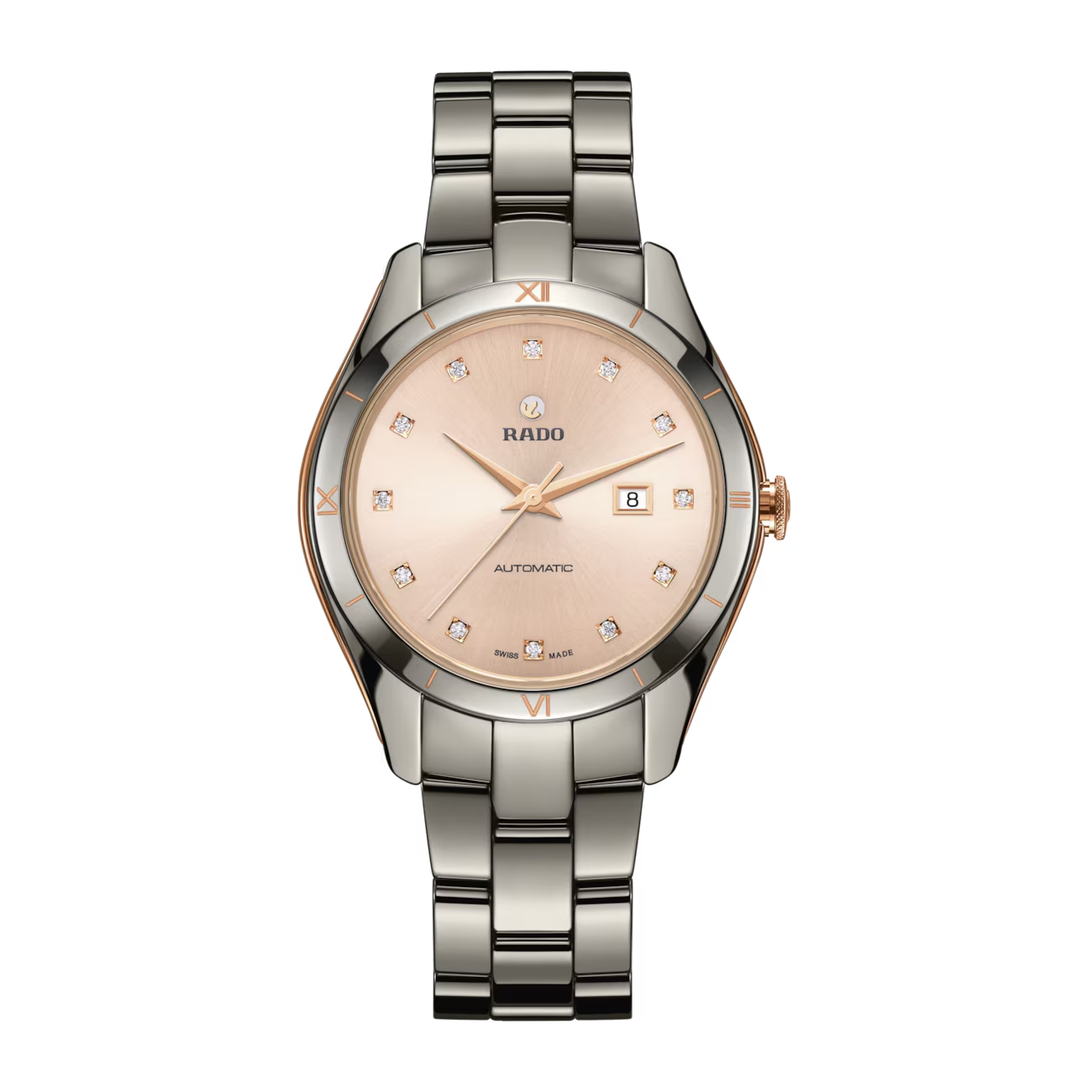 De Rado HyperChrome R32043712 is een elegante polshorloge met een roestvrijstalen zilverkleurige band en een ronde ceramische kast. De wijzerplaat, in ros&eacute;goud, is voorzien van echte diamanten als indexen en heeft een saffierglas. Het horloge beschikt over een automatisch Zwitsers uurwerk, is tot 5 ATM waterbestendig en heeft een datumaanduiding. Perfect voor formele gelegenheden.