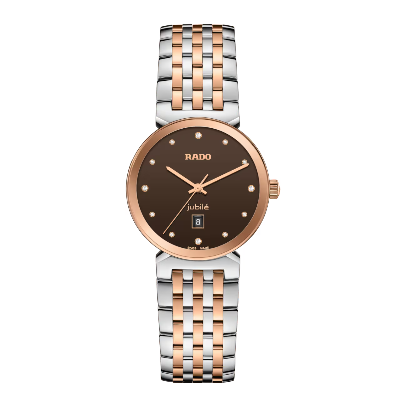 De Rado Florence Diamonds R48913763 is een elegante polshorloge met een roestvrijstalen kast en band, versierd met echte diamanten op de bruine wijzerplaat. Met zijn Zwitserse quartz uurwerk is het nikkelvrij en hypoallergeen. Draag deze waterbestendige (5 ATM) en stijlvolle horloge voor elke gelegenheid, dankzij de tijdloze ros&eacute;goudkleurige afwerking en saffierglas.