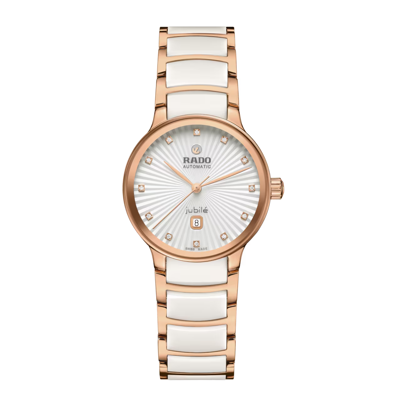 De Rado Centrix automaat R30019744 is een elegante horloge met een automatisch uurwerk, een ronde keramische kast, en een saffierglas. Het heeft een datumfunctie, is waterbestendig tot 5 bar, en heeft een antiallergische constructie. Met een wit keramisch bandje en een wit wijzerplaat met echte diamanten, is het ideaal voor dagelijks gebruik en formele gelegenheden. Draag het comfortabel om de pols voor een verfijnde uitstraling.