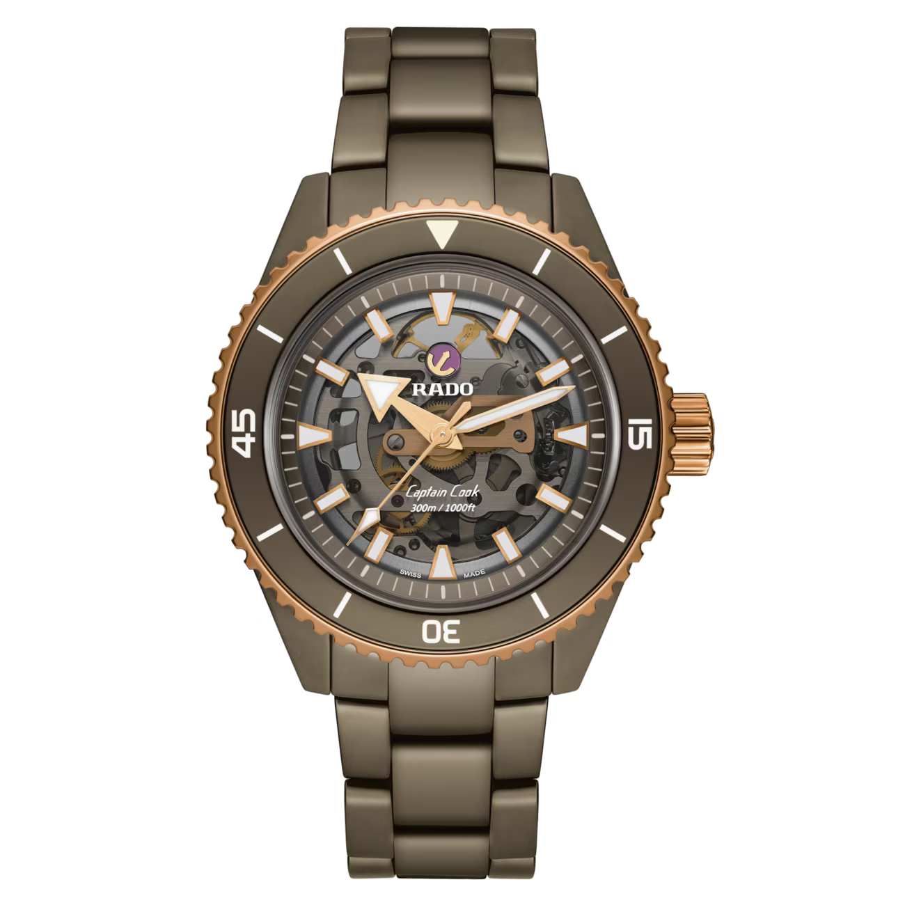 De Rado Captain Cook High-Tech Ceramic Skeleton met modelnummer R32150162 is een luxe horloge met een groene titanium band en een keramische behuizing in creme kleur. Met anti-allergische en nikkelvrije eigenschappen is het comfortabel om dagelijks te dragen. Dit waterbestendige horloge van 43 mm heeft een analoog display en Zwitserse automatische beweging, ideaal voor elke gelegenheid.