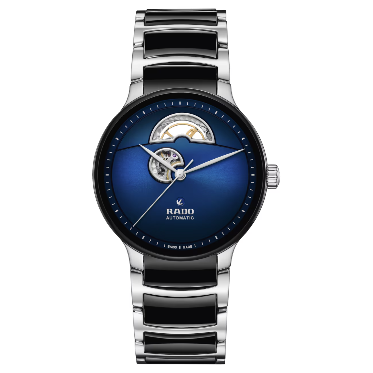 De Rado Centrix Automatic Open Heart R30012202 horloge is stijlvol met zijn blauwe analoge wijzerplaat en zilverkleurige, ronde keramische kast van 39,5 mm. Het heeft een zwart keramisch bandje, saffierglas en is waterdicht tot 5 bar. Het horloge is automatisch en niet-allergeen. Ideaal voor dagelijks gebruik en formele gelegenheden. Draag het met vertrouwen en verfijning.