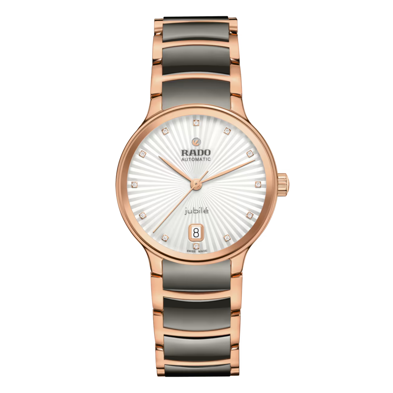 De Rado R30037742 Centrix Automatic Diamonds horloge heeft een elegante ronde kast van roestvrij staal met een ros&eacute;gouden kleur en saffierglas. Het heeft een analoge display met echte diamanten indexen, een automatische Zwitserse beweging en is waterbestendig tot 5 bar. Ideaal voor zowel formele als casual gelegenheden, met een stijlvolle grijze keramische band.
