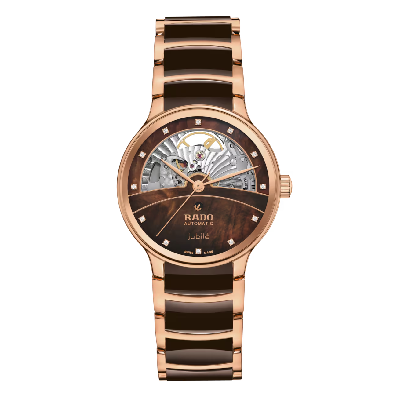 De Rado Centrix Automatische Diamanten Open Hart R30029902 biedt een stijlvol ontwerp met een bruine keramische armband en een ronde rose goudkleurige kast. Voorzien van een saffierglas, automatische Zwitserse beweging en echte diamanten indexen, biedt deze antiallergische en nikkelvrije polshorloge elegantie zonder datum- of lichtfunctie. Draag hem bij formele of chique casual gelegenheden.