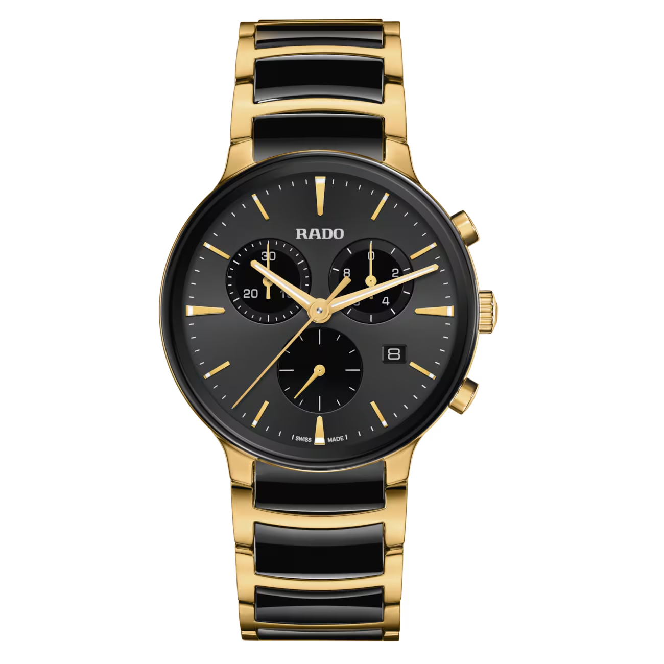 De Rado Centrix Chronograph R30211152 is een verfijnd horloge met een roestvrijstalen kast en band, zwart en goud kleurend, met een krasbestendig saffierglas. Het heeft een chronograaf, Zwitserse kwartsbeweging en datumaanduiding. Ideaal voor elke gelegenheid dankzij de waterbestendigheid van 5 ATM. Draag het met formele of zakelijke kleding voor een stijlvolle uitstraling.