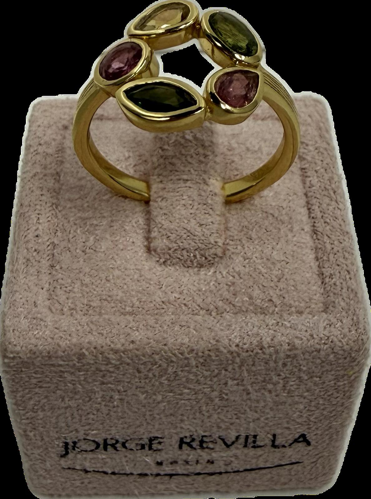 Morning collectie Jorge Revilla

Zilver vergulden ring bloem vorm, gezet met gekleurde toermalijn stenen.