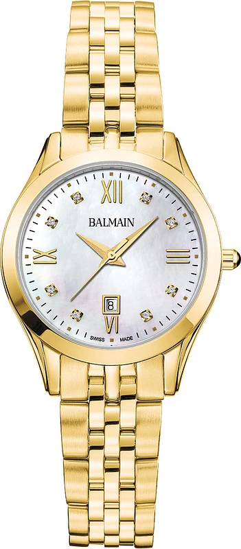 Op zoek naar een stijlvol horloge dat zowel elegantie als klasse uitstraalt? Dan is de BALMAIN CLASSIC R B41103185 het perfecte horloge voor jou! Dit prachtige horloge heeft een klassiek design met een moderne twist, waardoor het de ideale aanvulling is op elke outfit.

Het horloge heeft een analoge tijdsaanduiding en werkt op een betrouwbaar quartz uurwerk, waardoor je altijd bij de tijd bent. Met een diameter van 30 mm en een hoogte van 7 mm heeft dit horloge een subtiele en verfijnde uitstraling. De ronde behuizing in een goudkleurige tint is gemaakt van hoogwaardig roestvrij staal, wat zorgt voor duurzaamheid en kwaliteit.

De parelmoeren wijzerplaat geeft het horloge een luxueuze uitstraling, terwijl het saffierglas zorgt voor een krasbestendige en heldere kijk op de tijd. De goudkleurige roestvrijstalen band voegt een vleugje glamour toe aan het geheel en zorgt voor een comfortabele pasvorm om de pols.

Dankzij de handige datumweergave vergeet je nooit meer welke dag het is, terwijl de waterdichtheid tot 5 bar ervoor zorgt dat je met dit horloge kunt douchen zonder zorgen. De vlinder- of vouwsluiting zorgt ervoor dat het horloge veilig om je pols blijft zitten, terwijl je geniet van alle bewonderende blikken die je kant op zult krijgen.

Als officieel Balmain verkooppunt garanderen wij de authenticiteit en kwaliteit van dit prachtige horloge. Dus waar wacht je nog op? Voeg de BALMAIN CLASSIC R B41103185 toe aan je collectie en straal elke dag met dit schitterende accessoire!