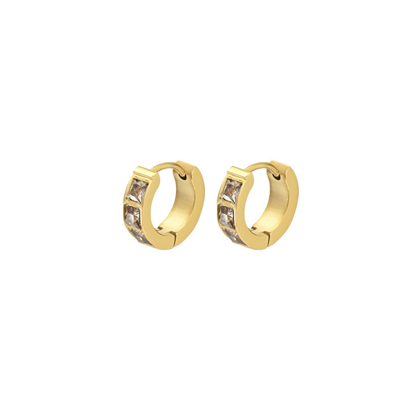 IXXXI oorbellen stainless steel met goudkleurige plating. De oorringen heben drie vierkante lichtbruine zirconia's.