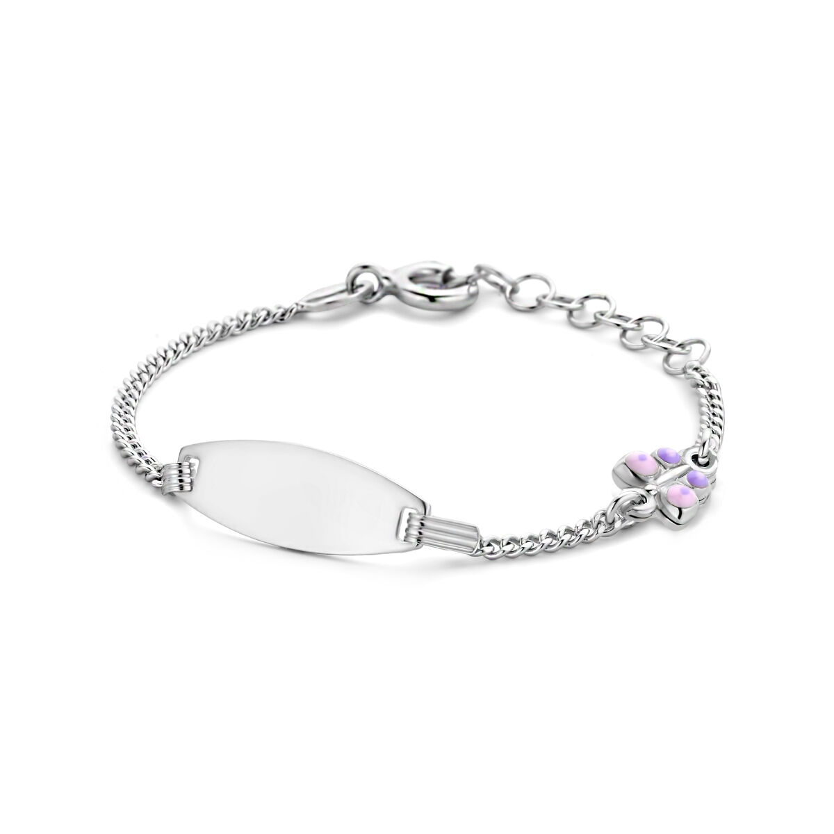 Zilveren kinder armbandje met graveerplaat en vlinder. De armband is 11-13 cm