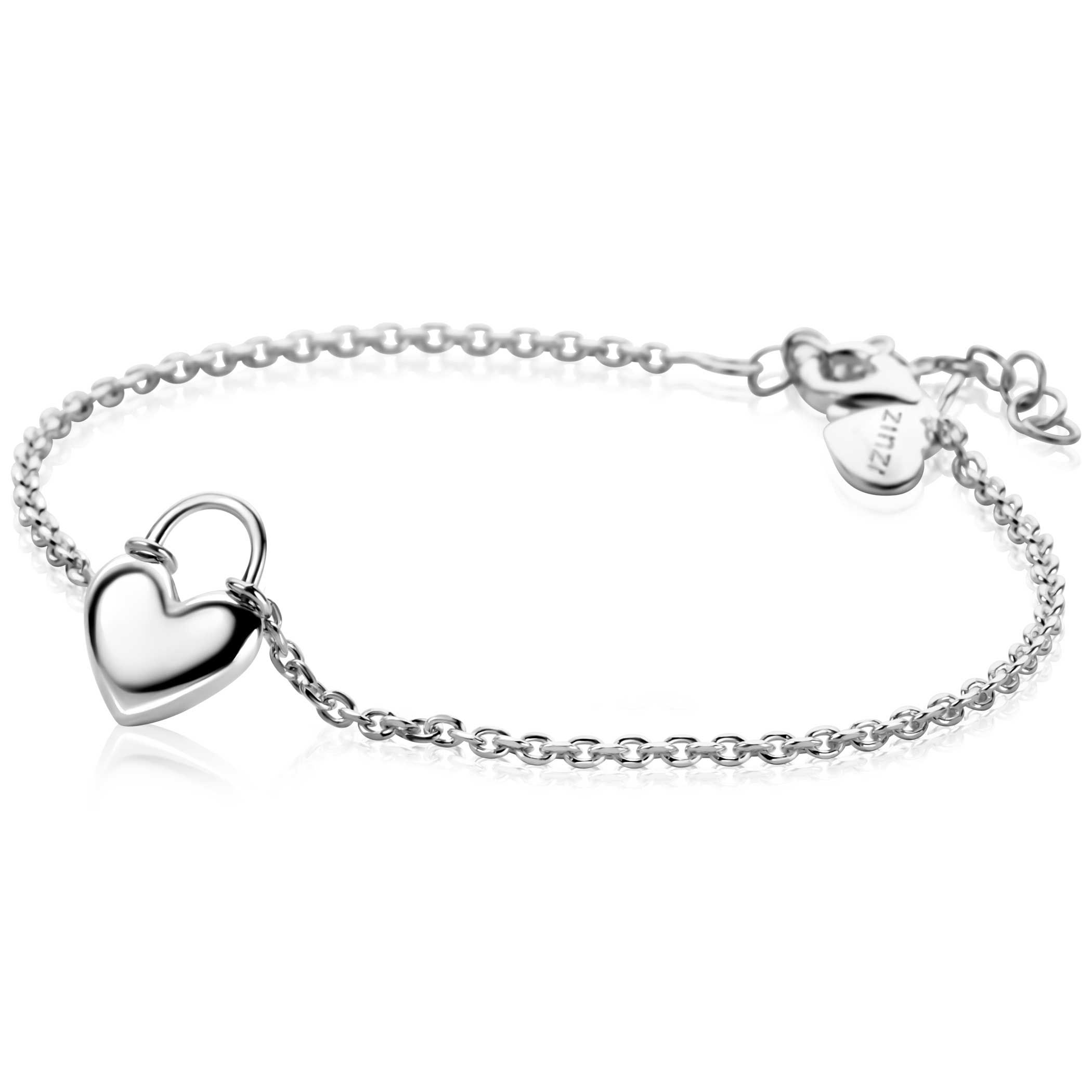 ZINZI zilveren schakelarmband met een hartvormige slot hanger in het midden. Het gladde hart is 13mm breed. Maak je look helemaal compleet met de bijpassende ketting. De lengte van de armband is te vari&euml;ren tussen de 17cm en 20cm. Vervaardigd van eerste gehalte zilver (925) en voorzien van een extra rodiumlaag voor een langdurige glans.