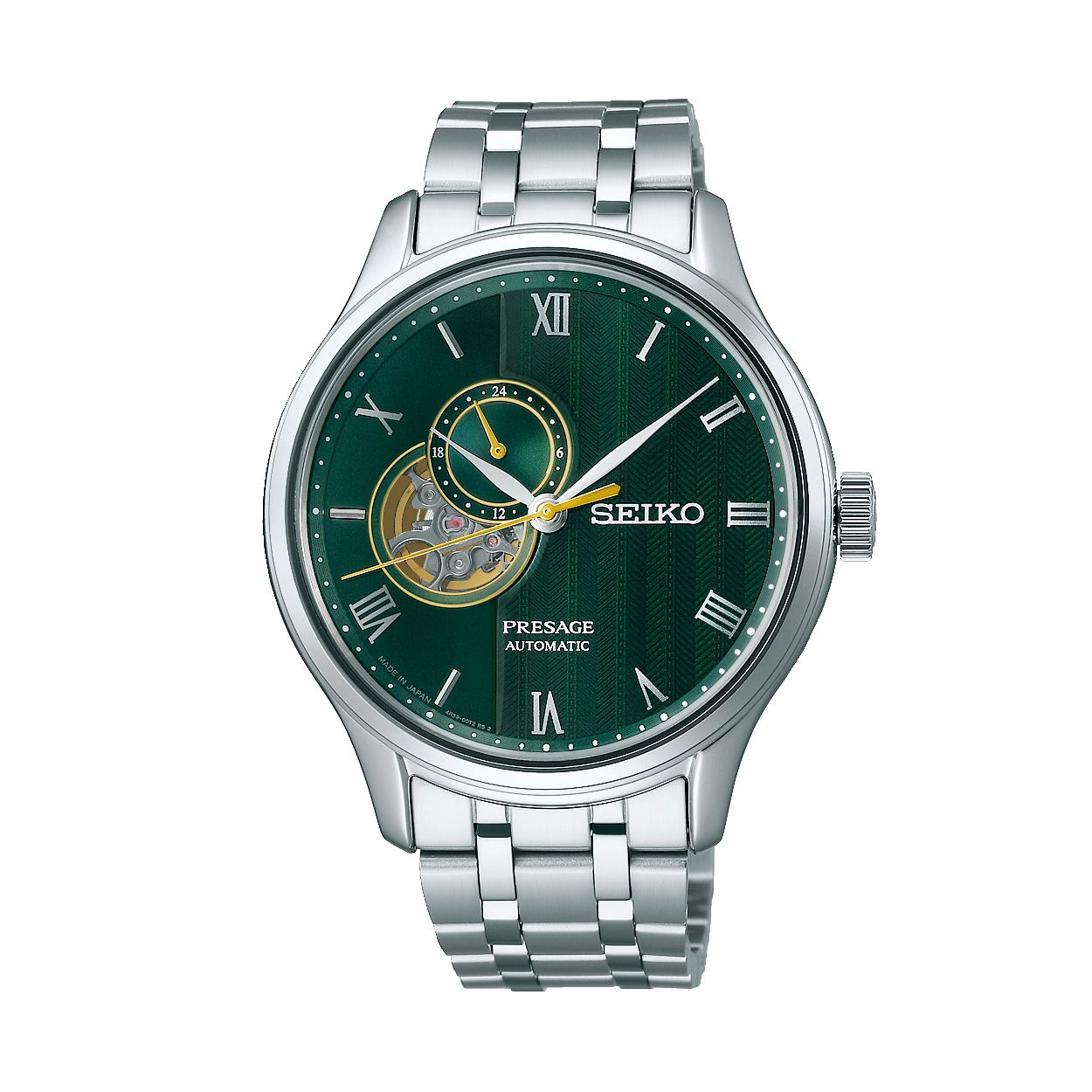 Het Seiko Presage SSA463J1 horloge heeft een klassieke uitstraling en een automatisch kwaliteitsuurwerk dat werkt op energie uit beweging, zonder batterij. Het horloge kan ook handmatig worden opgewonden. Met een stalen kast en band, en een groene wijzerplaat met zilverkleurige accenten, biedt het een speels effect van de wijzerplaat. Een doorkijkje naar het uurwerk is zichtbaar door de geschroefde achter deksel met hardlex mineraalglas. Het horloge heeft een datumfunctie en is 3 ATM waterdicht.


