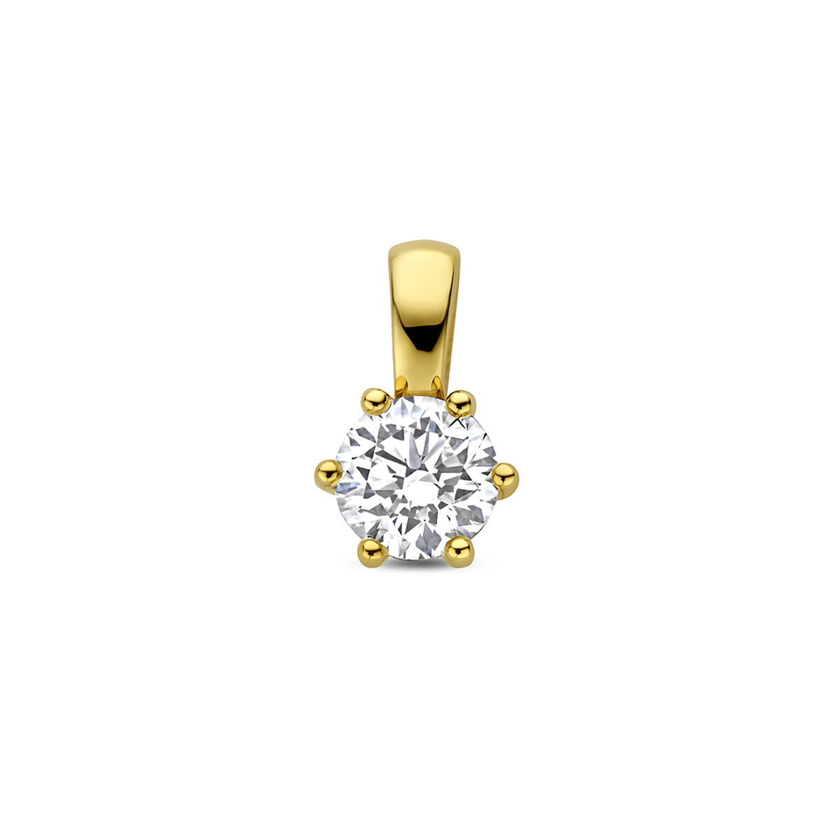 14k Geelgouden hanger uitgevoerd met lab grown diamant van 6mm. De hanger heeft een afmeting van 12.5x7.5mm. Het totale diamantgewicht is 0.75ct. Onder extreem hoge druk en temperatuur wordt het natuurlijk ontstaansproces nagebootst met als eindresultaat een diamant met dezelfde chemische eigenschappen maar met een andere oorsprong.
Dit artikel wordt geleverd met certificaat van de diamant.