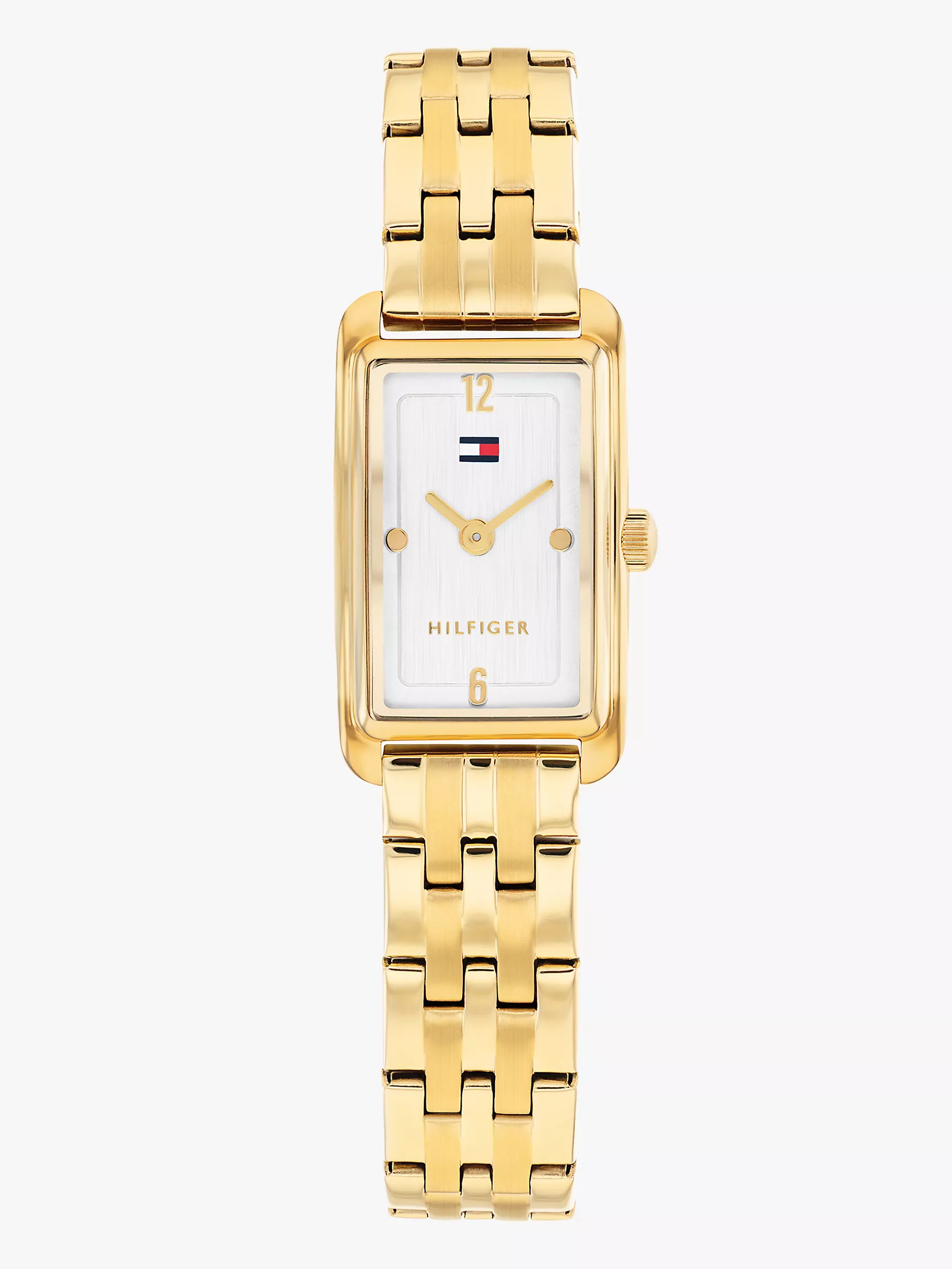 Tommy Hilfiger women's watch. Our latest timepiece maintains a slim profile, featuring a rectangular case and an integrated link bracelet. Its minimalist dial highlights four time points, combining polished numerals with domed cabochons.