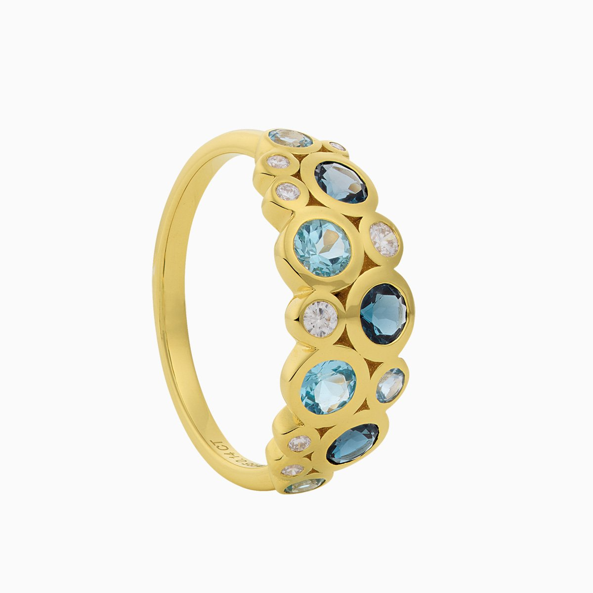 Ring R2025/31. 14 karaat goud met 0,14 crt natuurlijke diamant en London blauw topaas. Diamant kwaliteit Top Wesselton SI.