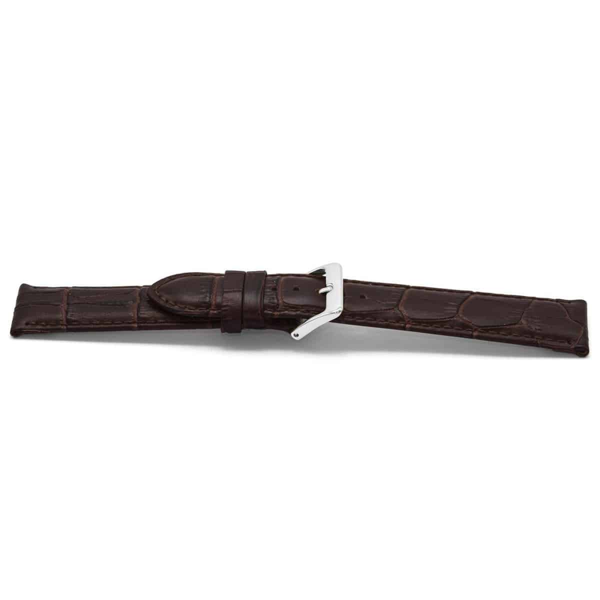 Bruin lederen horlogeband met zilverkleurig edelstalen gesp.
Kleur band: Bruin
Band dikte: 4.4mm
Band lengte: 75/115mm
Band breedte: 22x20mm
Gesp: Stainless steel
Bekleding binnenband: Nubuck
Gestikt: Ja, dezelfde kleur als de band. 
Pushpin: Exclusief
Hypo allergisch: Ja
EAN;8716667161405