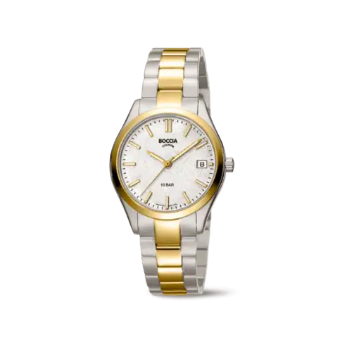 Diese stilvolle Uhr mit Modellnummer 3374-02 hat ein rundes Geh&auml;use aus Titan und eine Saphirglasabdeckung. Das Zifferblatt ist grau mit Streifenmuster und Streifenindex, und es verf&uuml;gt &uuml;ber eine Datumsfunktion. Mit ihrem zweifarbigen Gold-Silber-Armband ist diese Uhr perfekt f&uuml;r elegante Anl&auml;sse und t&auml;gliche Garderoben. Tragen Sie sie als edles Accessoire am Handgelenk.