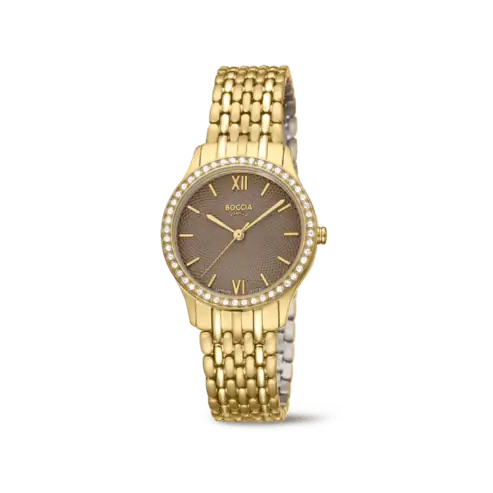 Der DAU Boccia Titan Metallband Uhr, Modellnummer 3376-03, besticht durch ein goldenes Titanarmband und ein rundes, gelbes Titangeh&auml;use. Die analoge Uhr hat ein braunes Zifferblatt mit Streifenindizes. Sie ist bis 50 Meter wasserdicht, jedoch ohne Datums- oder Leuchtfunktion. Perfekt f&uuml;r elegante Anl&auml;sse oder t&auml;glich tragbar, kombiniert mit Gold-Accessoires.