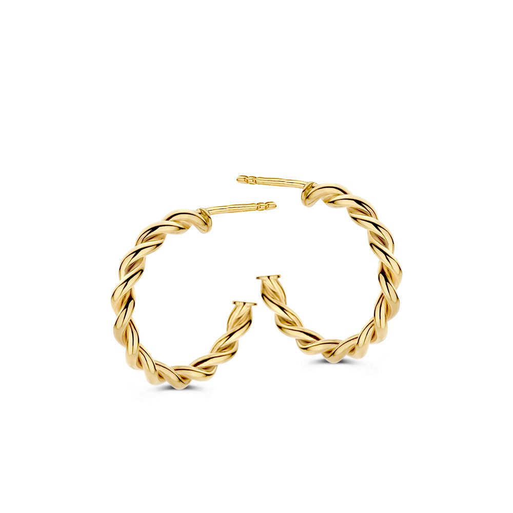 Geelgouden oorringen met gedraaide band.De oorbellen worden geleverd met 14kt gouden poussettes.
