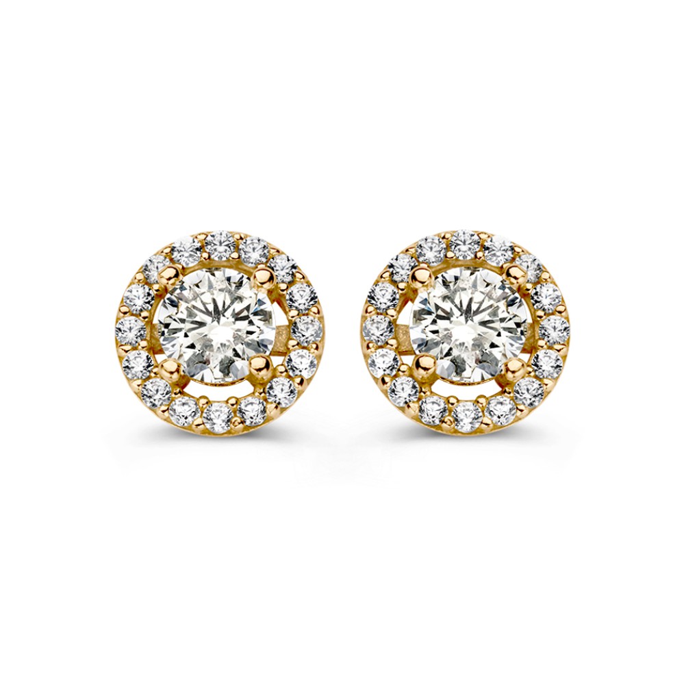 14 karaat geelgouden oorstekers met zirkonia in een halo.
