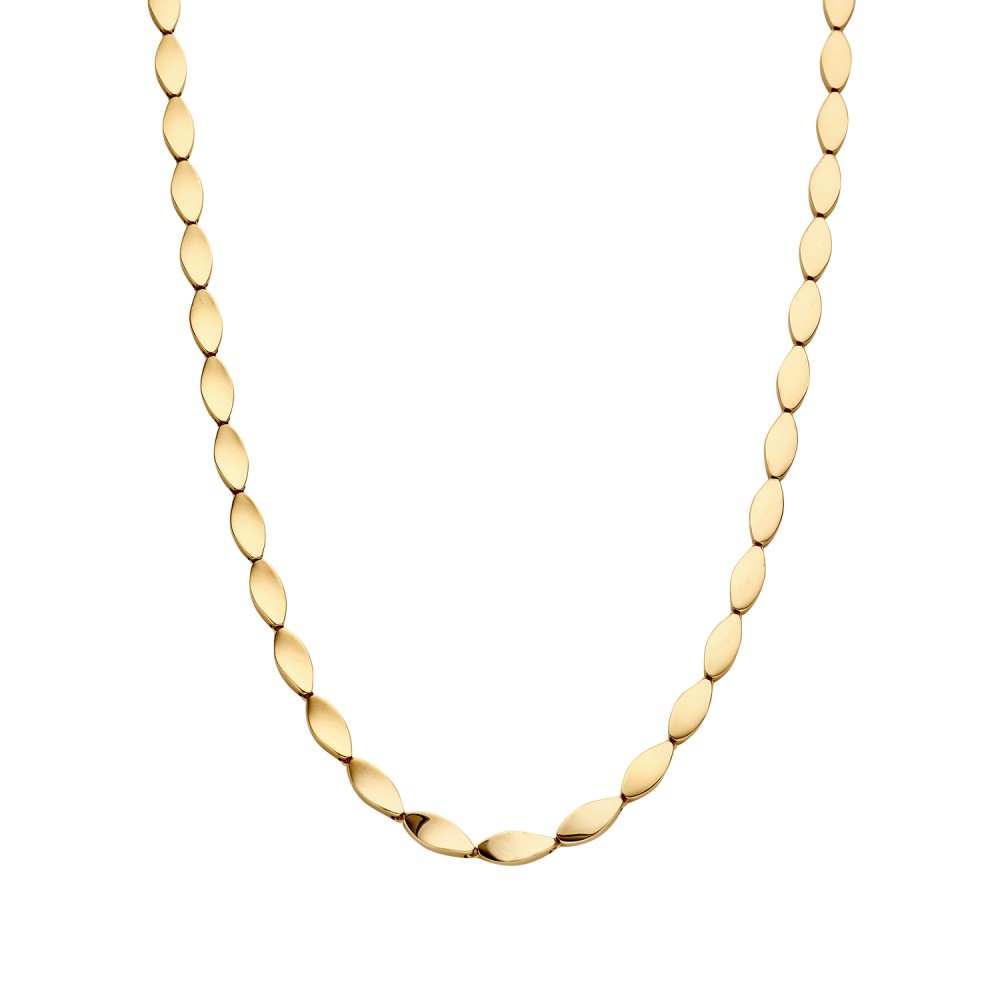 Geelgouden collier met speels vormgegeven elementen.
