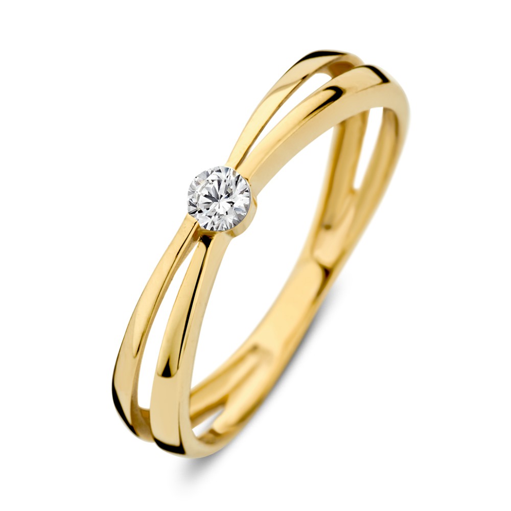 Geelgouden ring met gekruiste banen en een zirkonia.