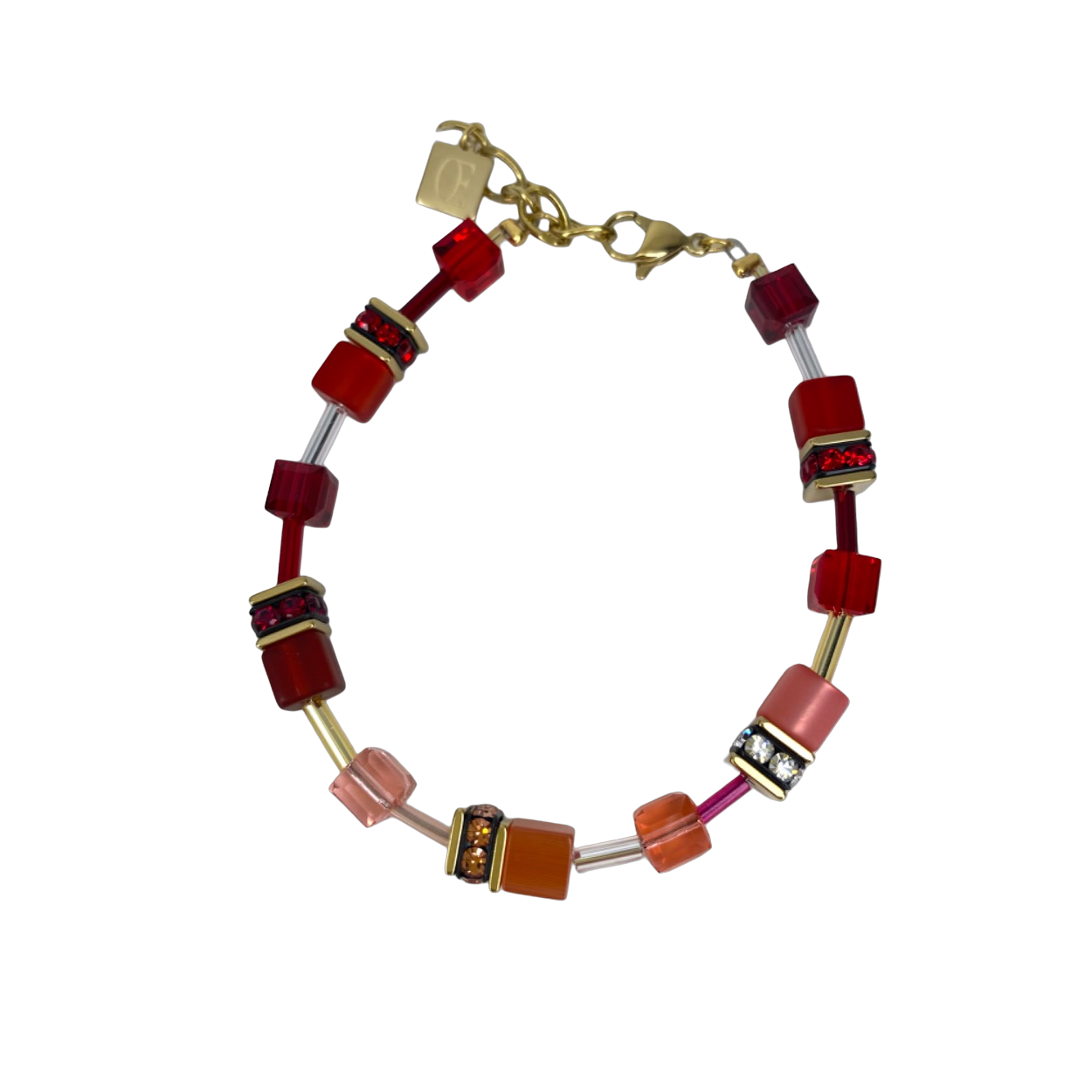 The GEOCUBE&reg; Iconic bracelet is a fashionable accessory for any occasion. Its different reds and golds make it perfect for anyone who loves to make a statement with bold colours. This exclusive, classic piece of jewellery is the epitome of elegance and style.