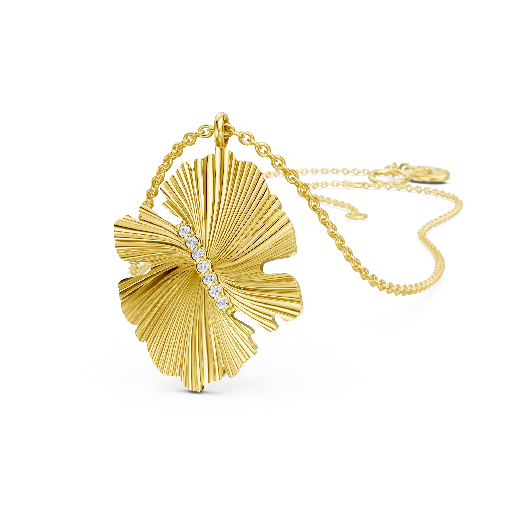 Two graceful fans intertwine in a lyrical dance &mdash; a symbol of authenticity, elegance and quiet strength. The brushed finish gives a velvety texture to the silver forms, while a line of 7x diamonds sweeps across their centre like a beam of light. A piece that honors the beauty of being seen &mdash; not for noise, but for presence.