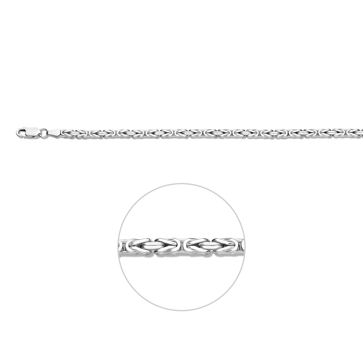 Zilveren lengte artikel met konings schakel. De schakelbreedte is 3.5mm.